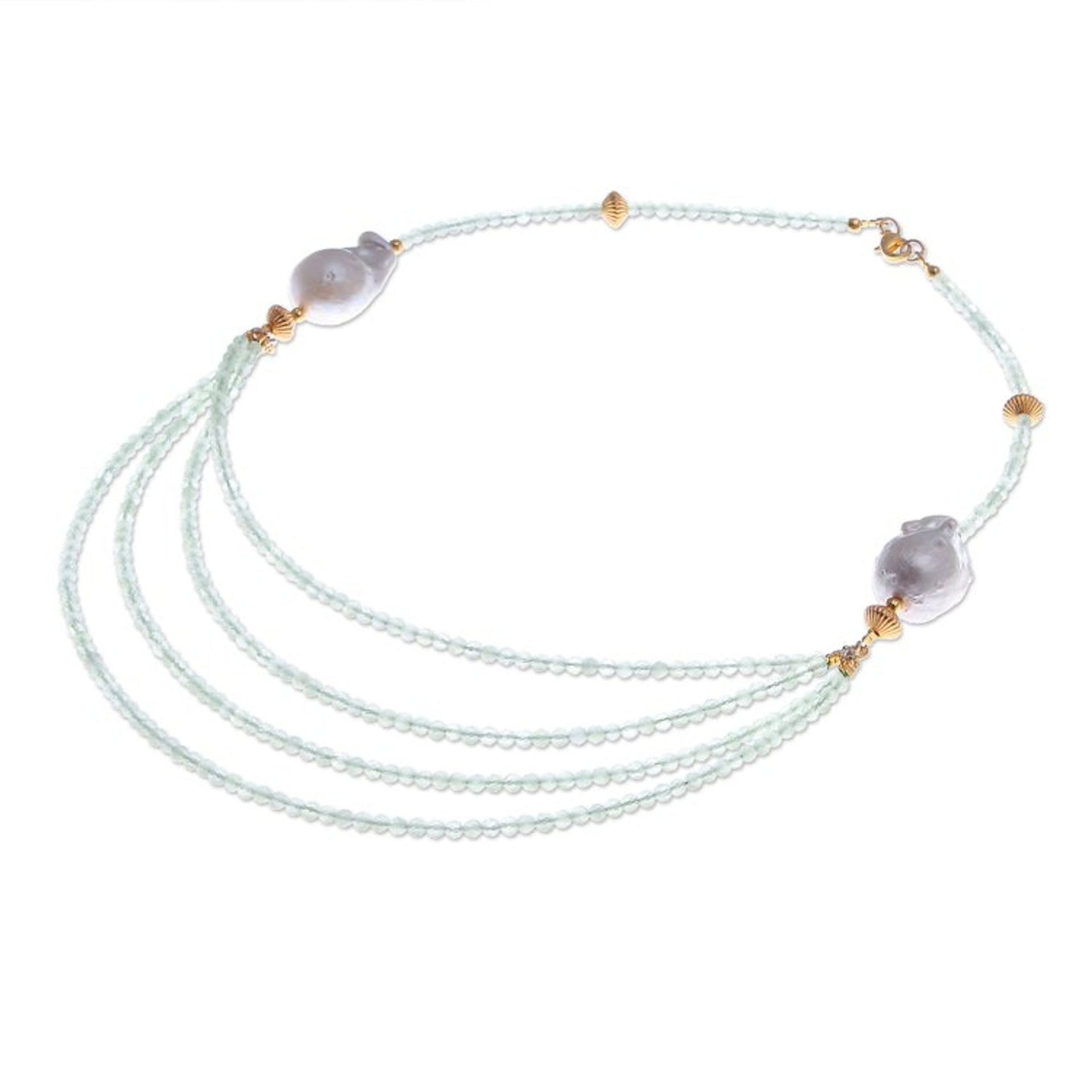 Gold-Accented Pearl and Chalcedony Necklace from Thailand 'Icy Shores in Green'