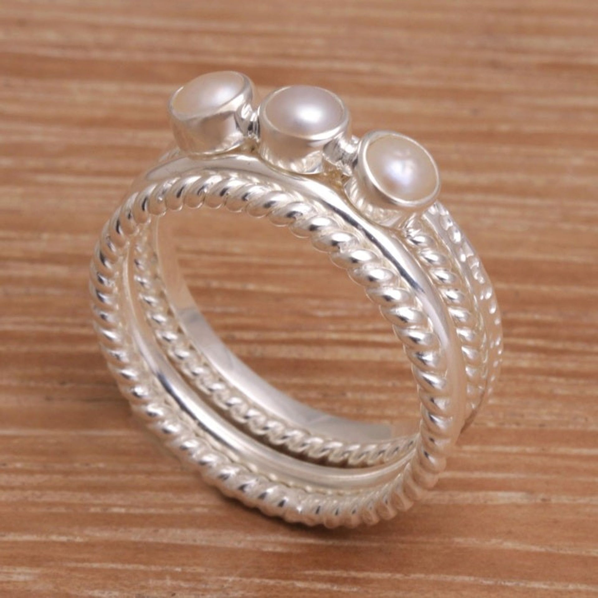 925 Sterling Silver Cultured Pearl Stacking Rings Set of 4 'United Moons'