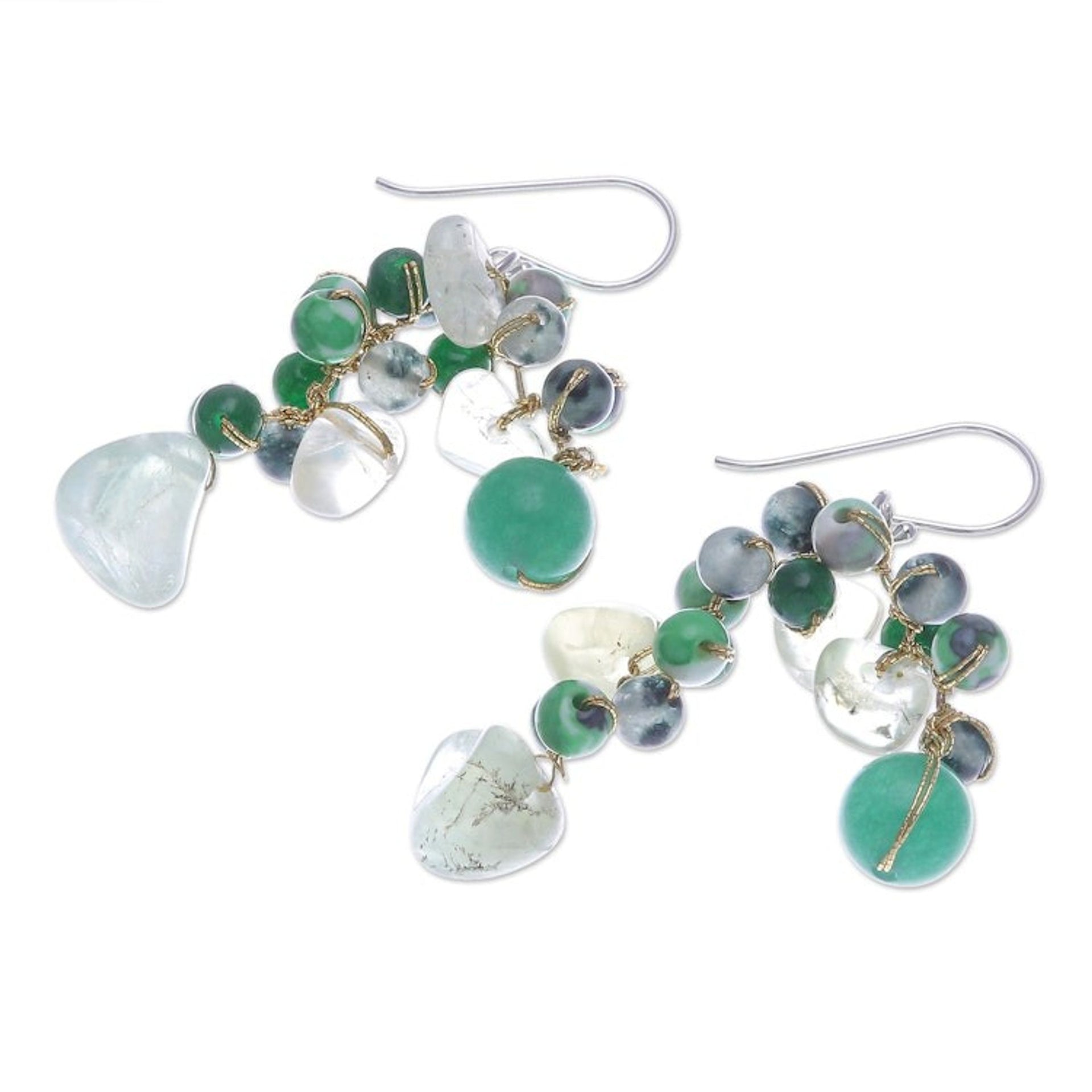 Hand Crafted Prehnite and Quartz Dangle Earrings 'Green Countryside'