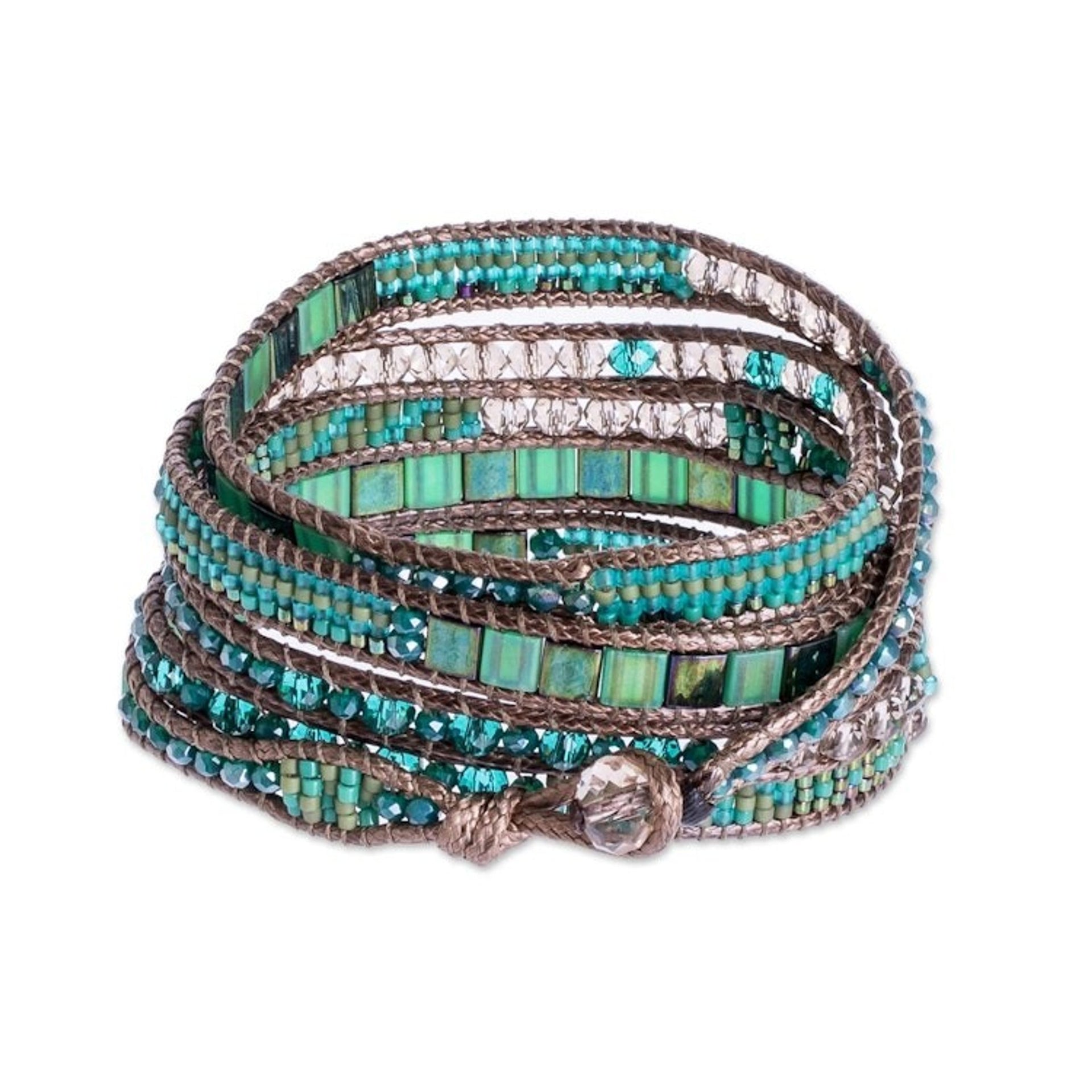 Green and White Glass Beaded Wrap Bracelet with Button Clasp 'New and Old in Green'