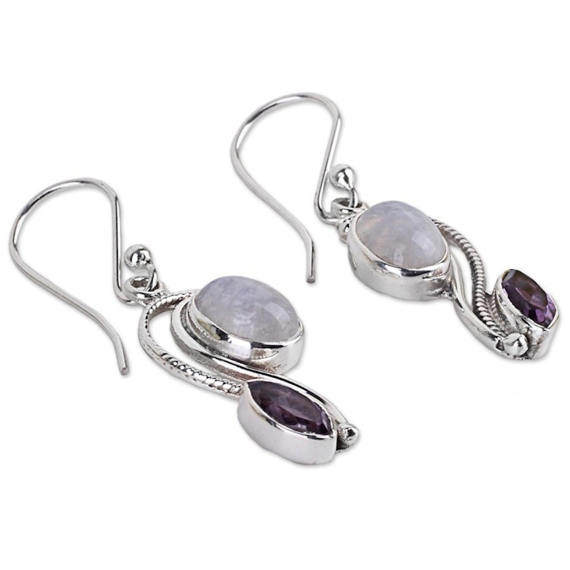 India Handcrafted Amethyst and Rainbow Moonstone Earrings 'Colorful Curves'