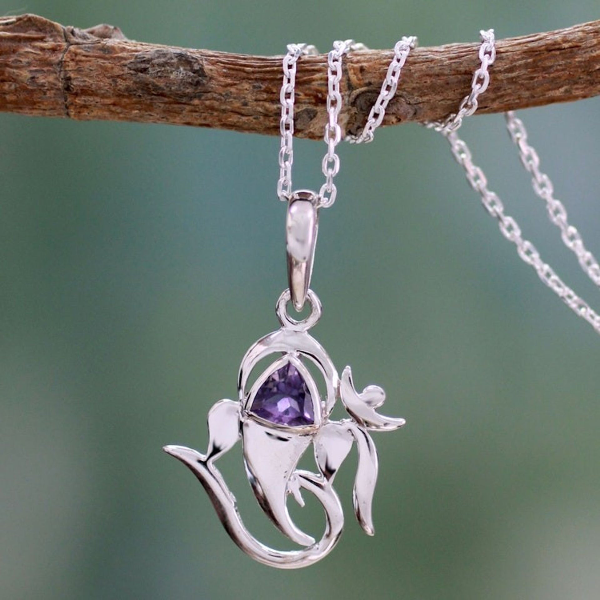 Sterling Silver and Amethyst Necklace Hindu Jewelry 'Mystical Ganesha'