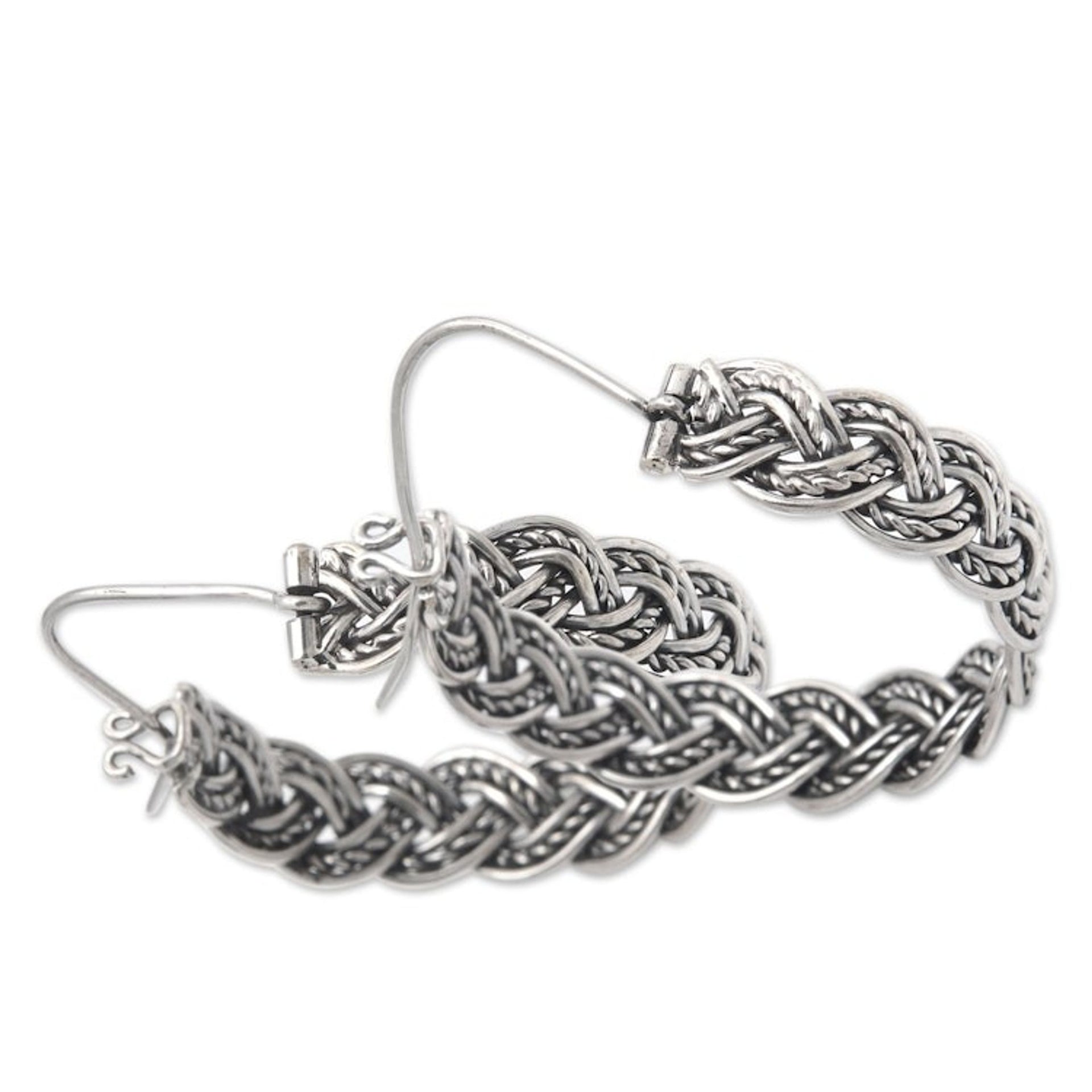 Balinese Sterling Silver Hoop Earrings with Braided Style 'Braided Flair'