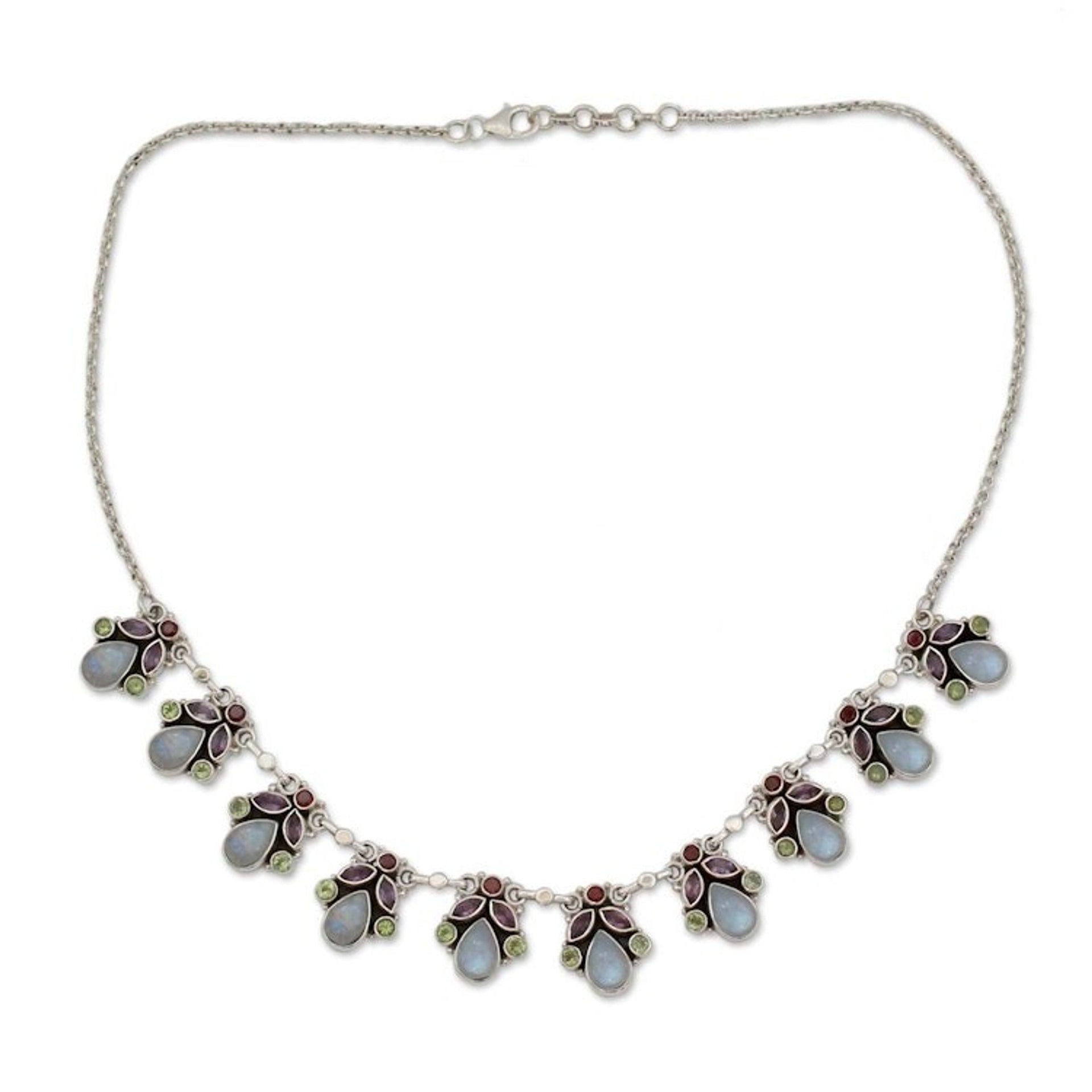 Hand Made Natural Gems and Sterling Silver Necklace 'Delhi Dynasty'