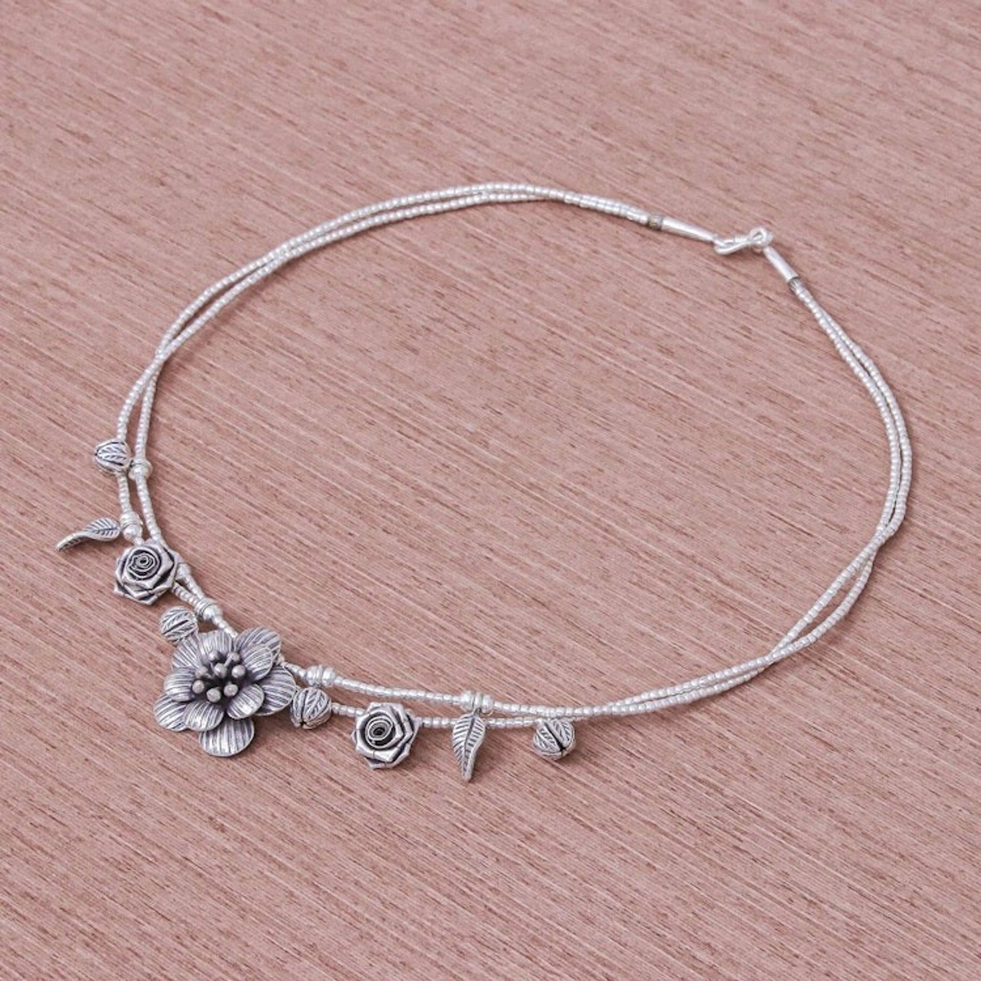 Silver Flower Two Strand Charm Necklace 'Seeds of Love'
