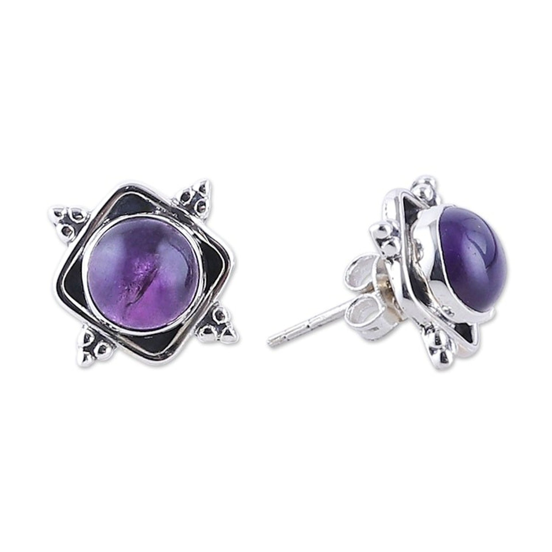Artisan-Made Amethyst Cabochon Button Earrings from India 'Sapience Marchioness'