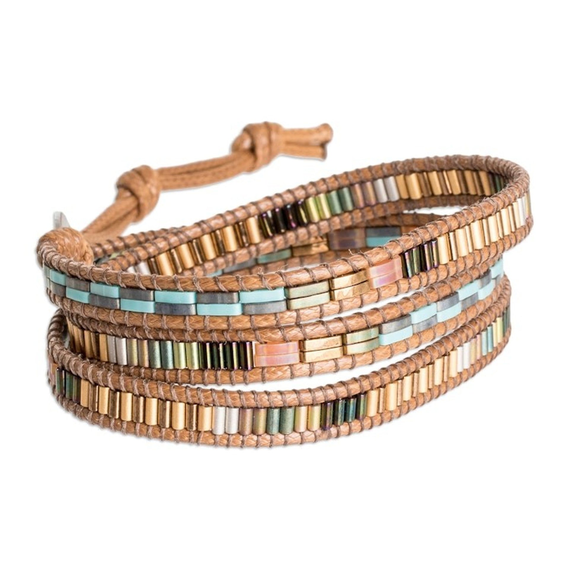 Handcrafted Brown and Blue Glass Beaded Wrap Bracelet 'San Cristobal in Autumn'