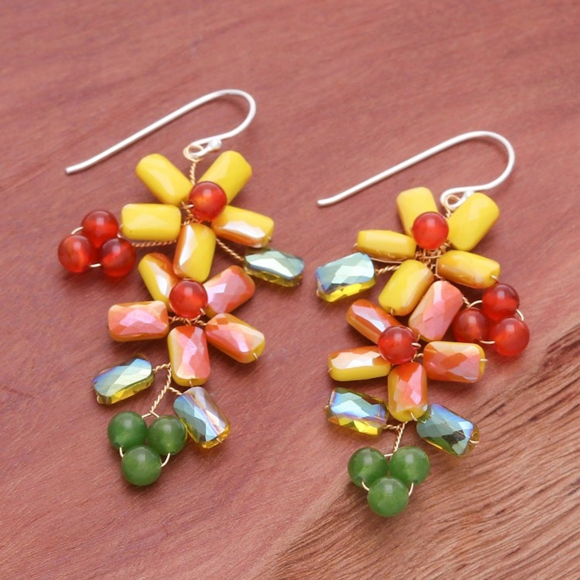 Floral Quartz and Glass Beaded Dangle Earrings from Thailand 'Solar Spring'