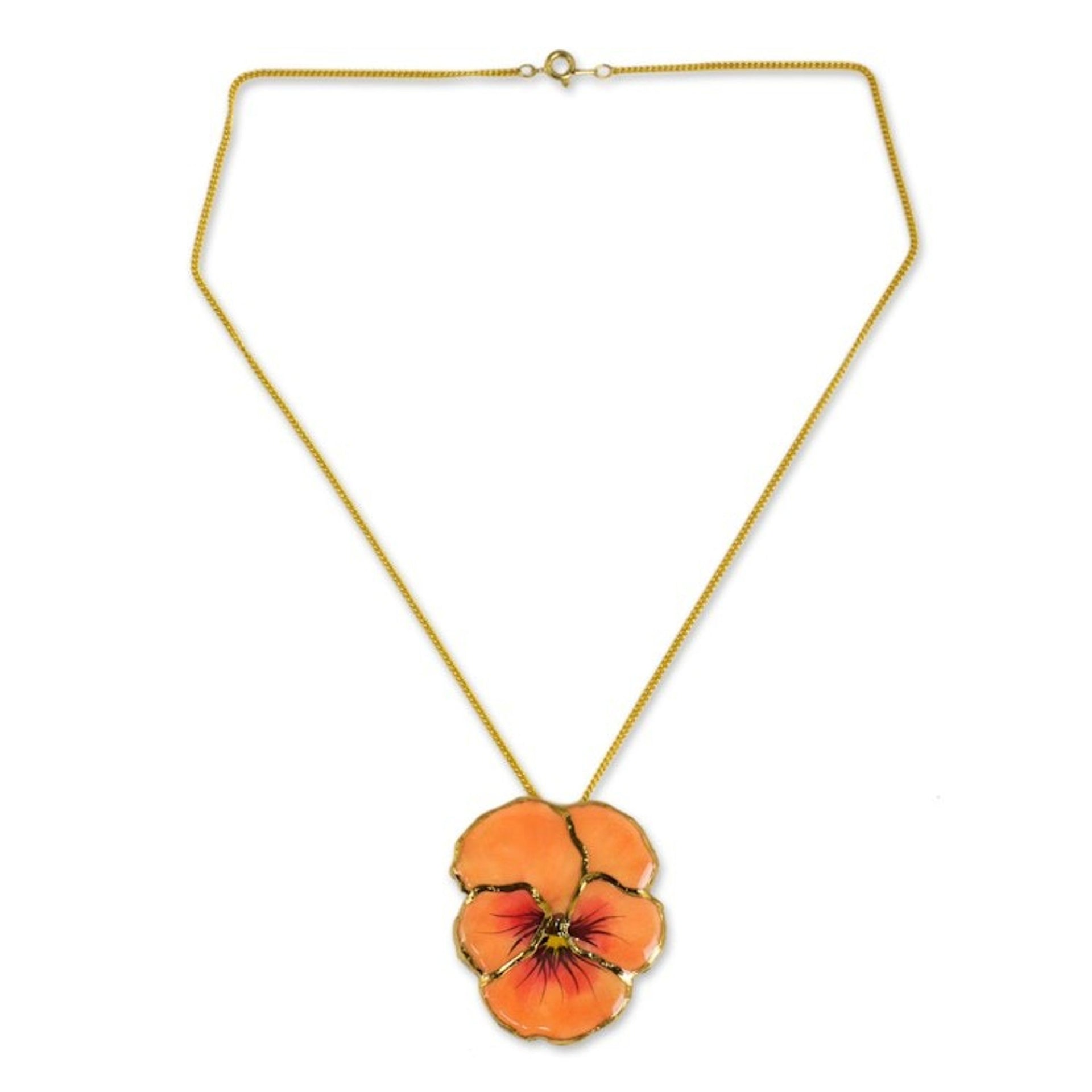 Natural Flower Pendant Necklace from Thailand 'Peach Pansy'