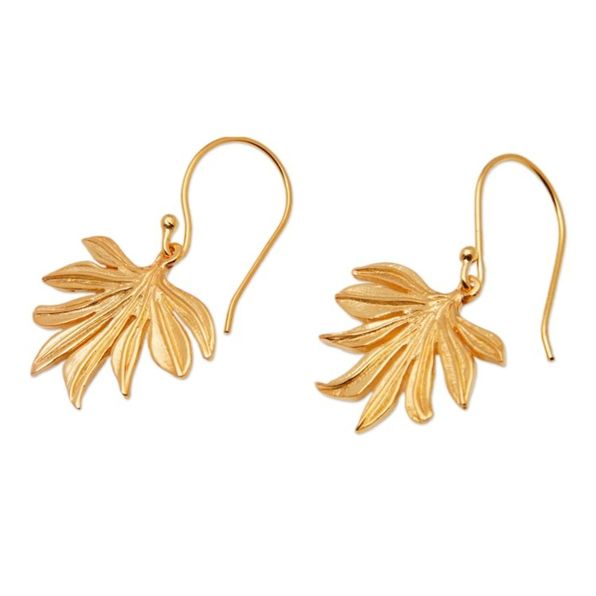 Palm Leaf-Shaped 18k Gold-Plated Brass Dangle Earrings 'Palms  Victory'