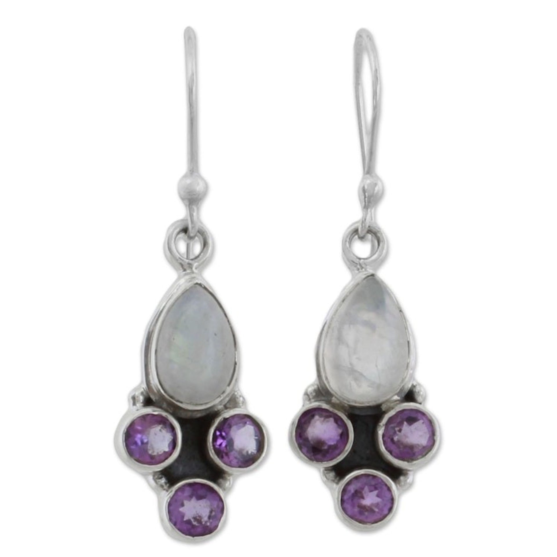 Rainbow Moonstone and Amethyst Dangle Earrings from India 'Enthralling Sky in Purple'