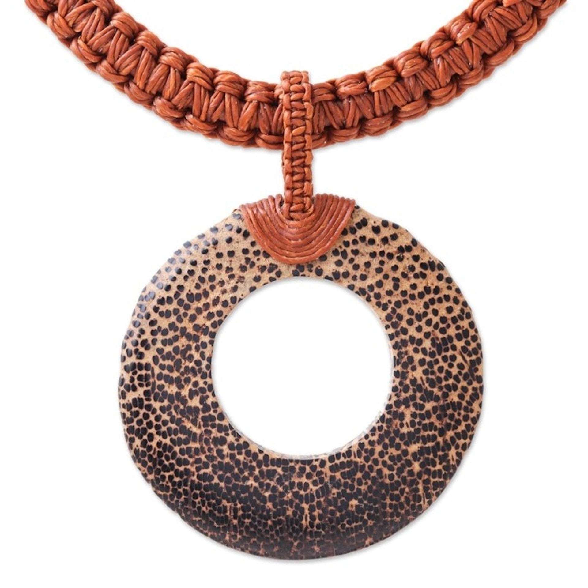 Handcrafted Coconut Wood and Leather Cord Pendant Necklace 'Earth Ring in Burnt Sienna'