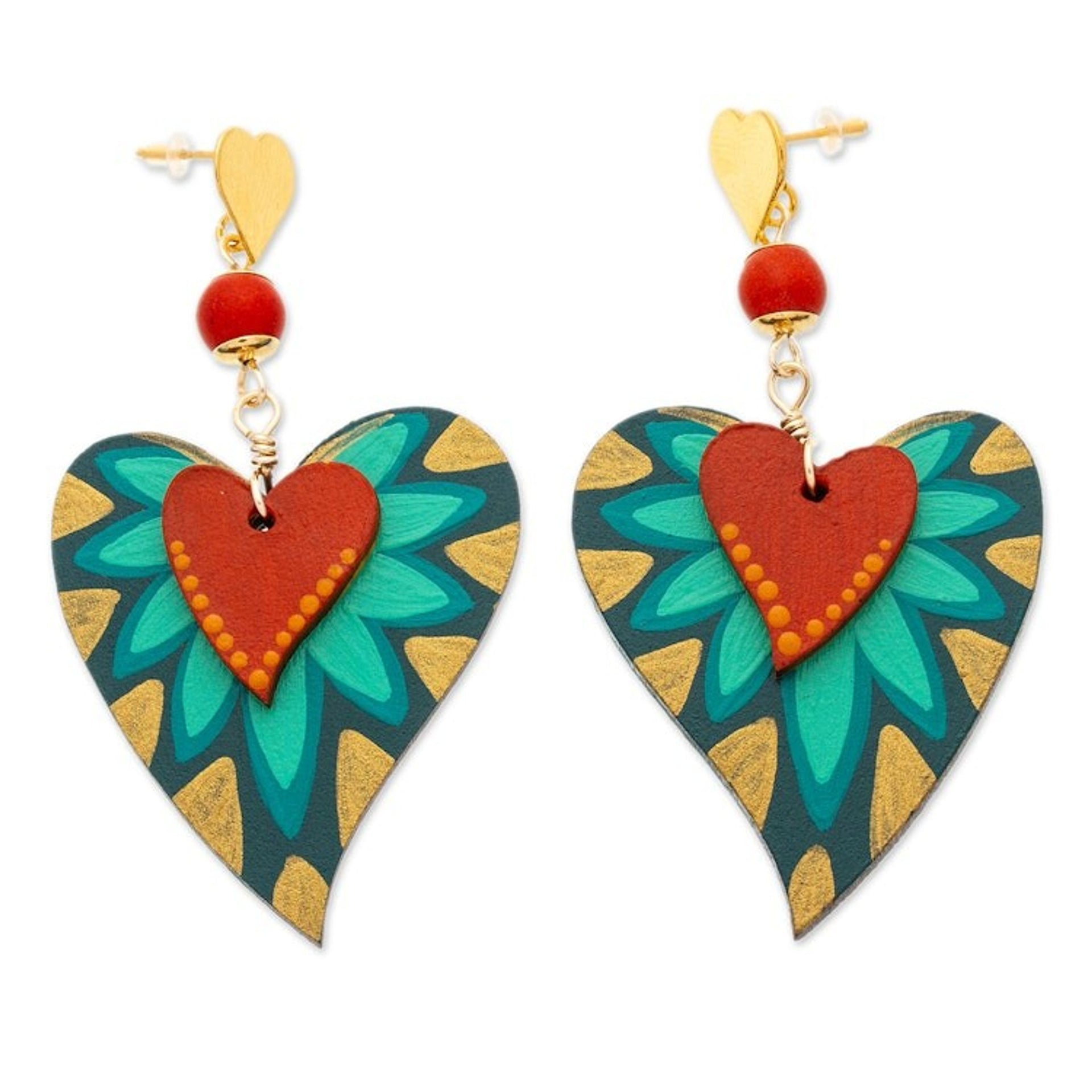 Nature-Inspired Hand-Painted Agate Heart Dangle Earrings 'Jungle Heart'