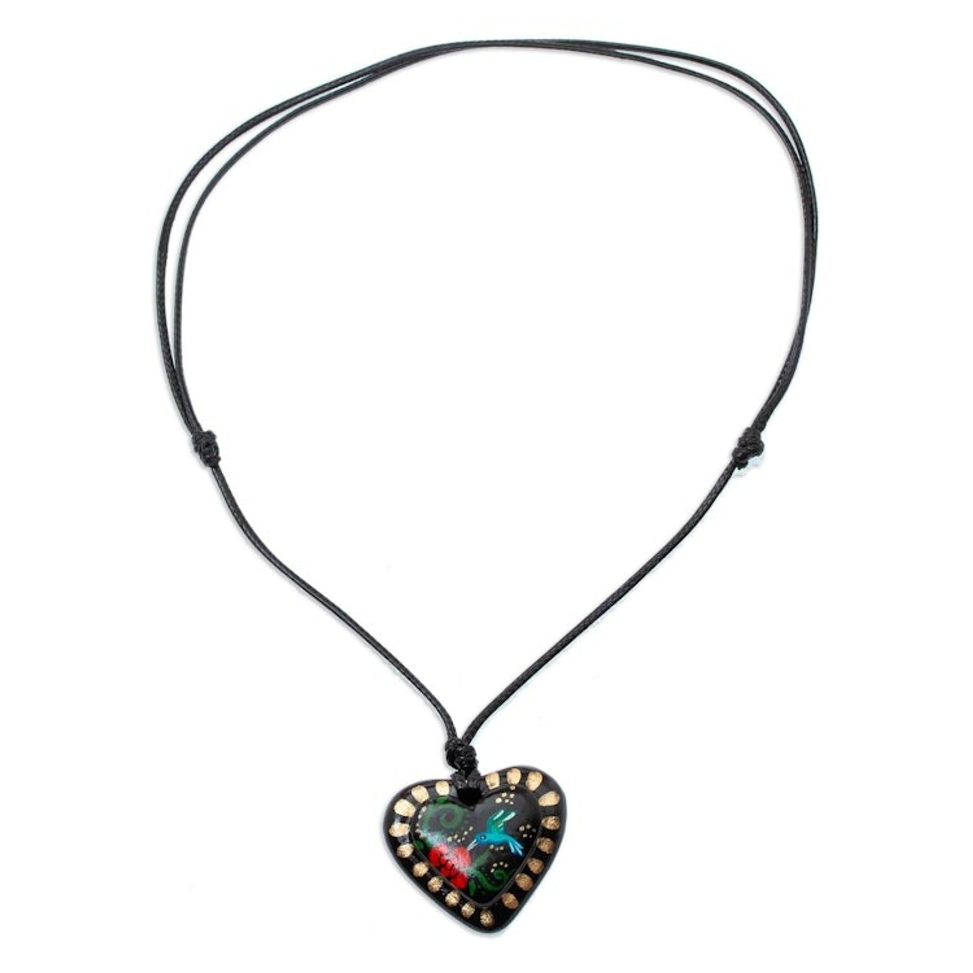 Hand Painted Heart Shaped Hummingbird Pendant Necklace 'Golden Night Hummingbird'