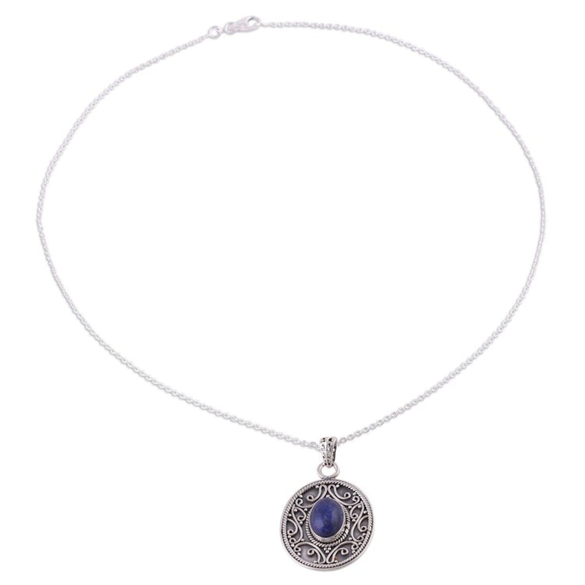 Lapis Lazuli and Sterling Silver Pendant Necklace from India 'Framed Blue'