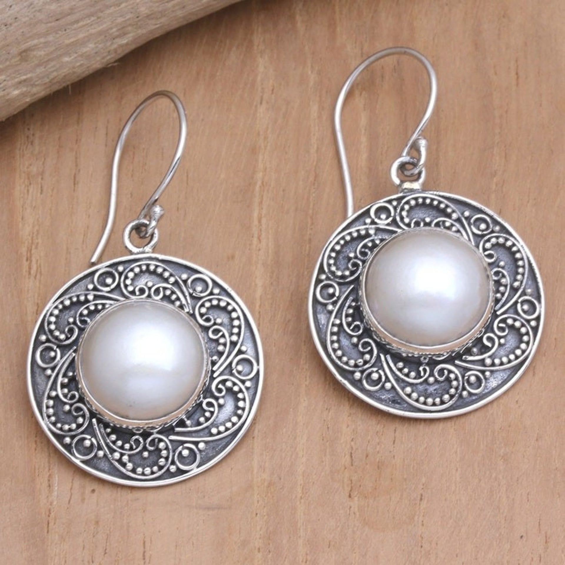 Sterling Silver Cultured Pearl Dangle Earrings from Bali 'Heavenly Blossoms'