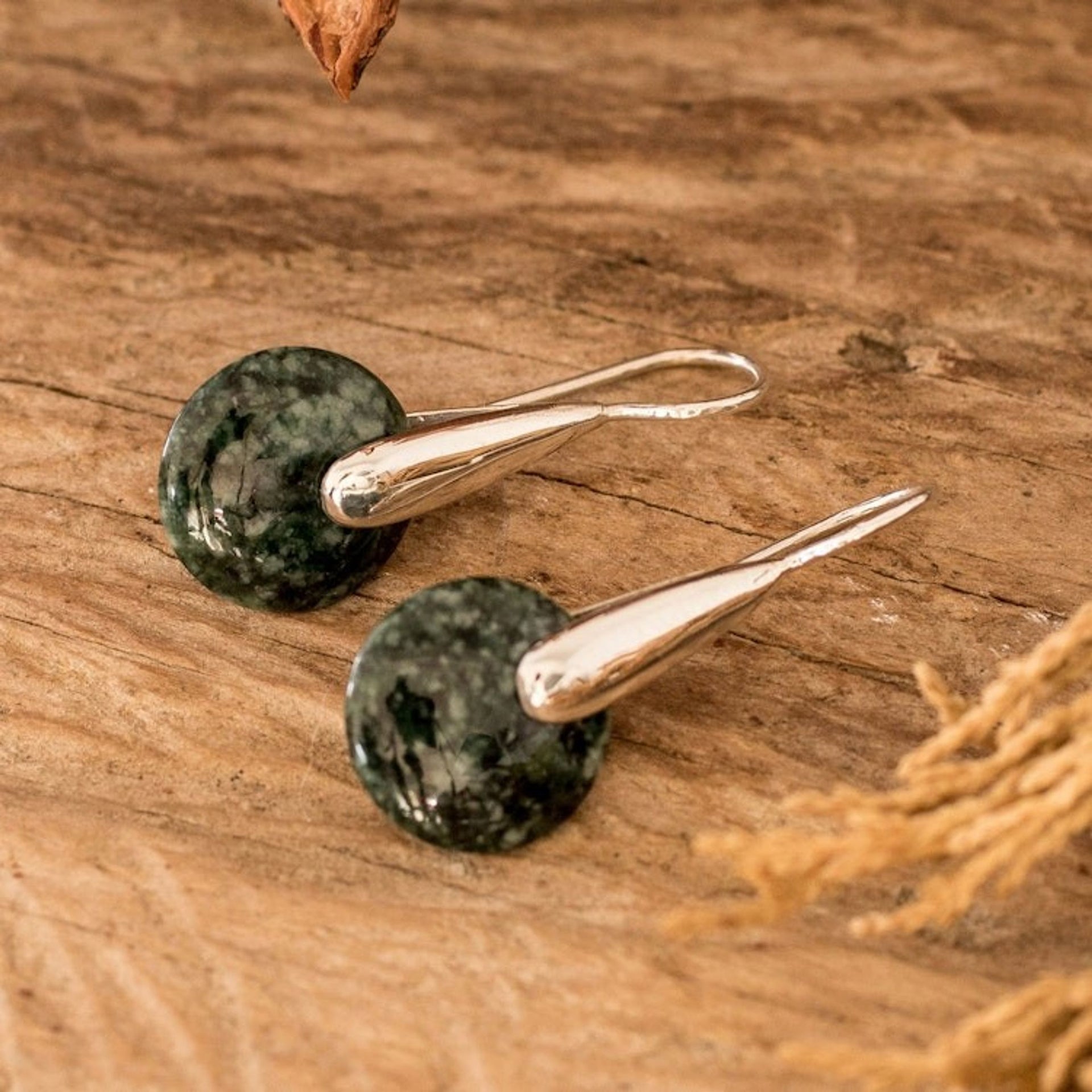 Modern Green Jade Silver Drop Earrings with Circle Motif 'Green Circle of Love'