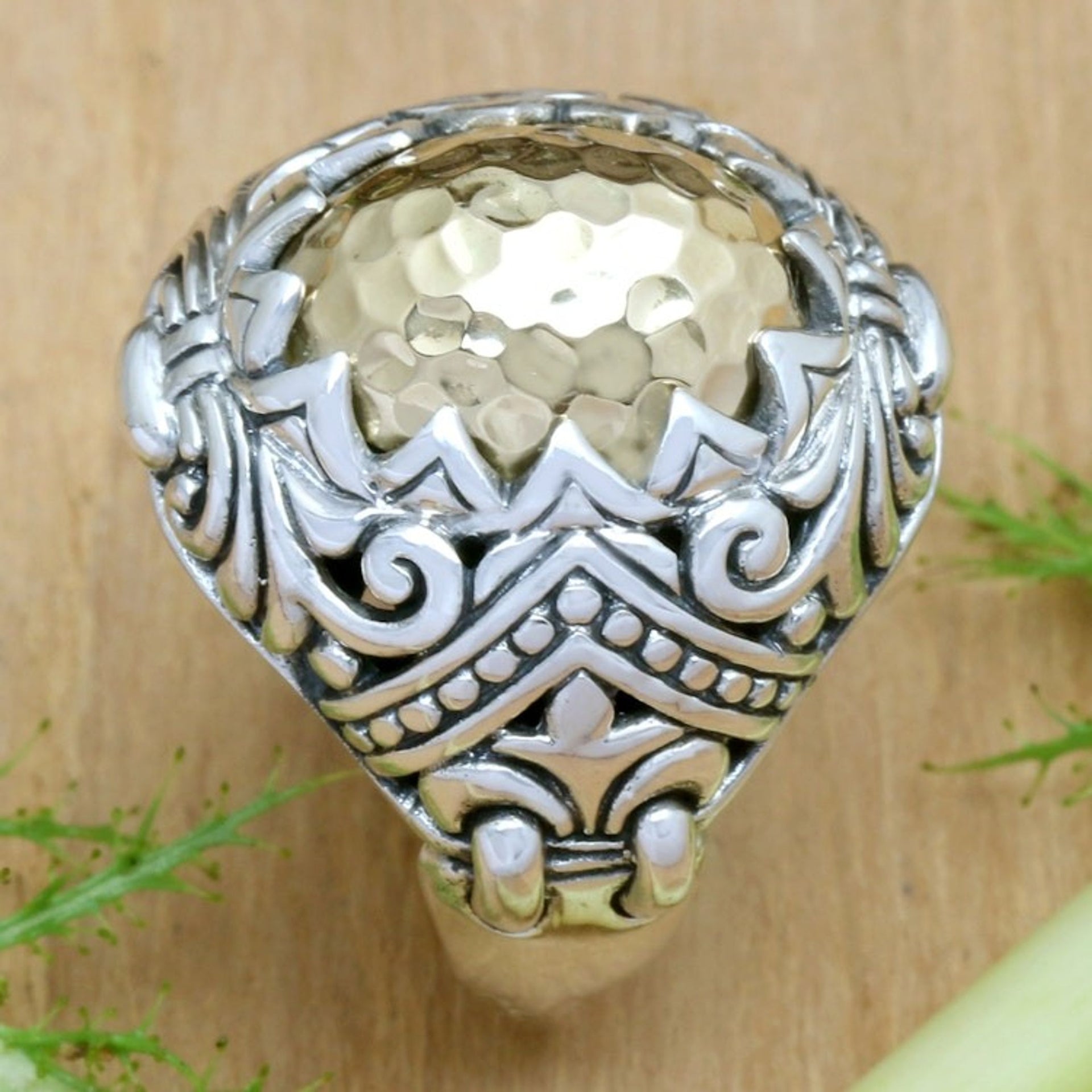 Gold Accent Sterling Silver Cocktail Ring from Bali 'Altar Gift'
