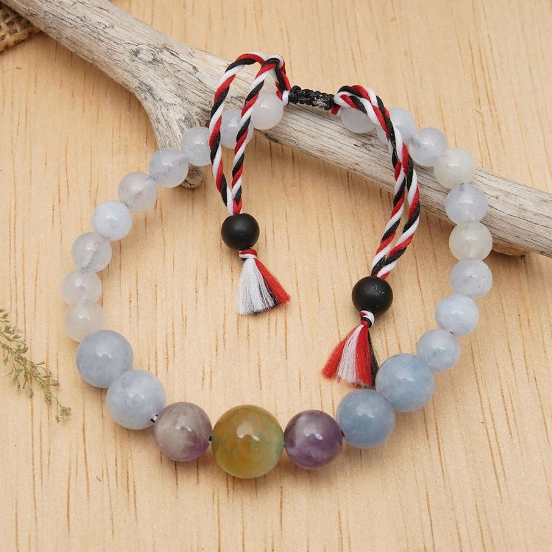 Adjustable Aquamarine and Amethyst Beaded Bracelet from Bali 'Times of Sapience'