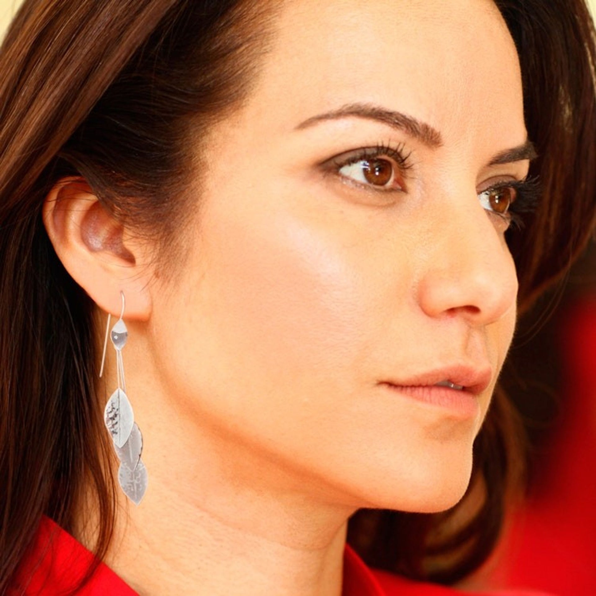 Modern Hammered Sterling Silver Leaf Dangle Earrings 'Winter Glisten'