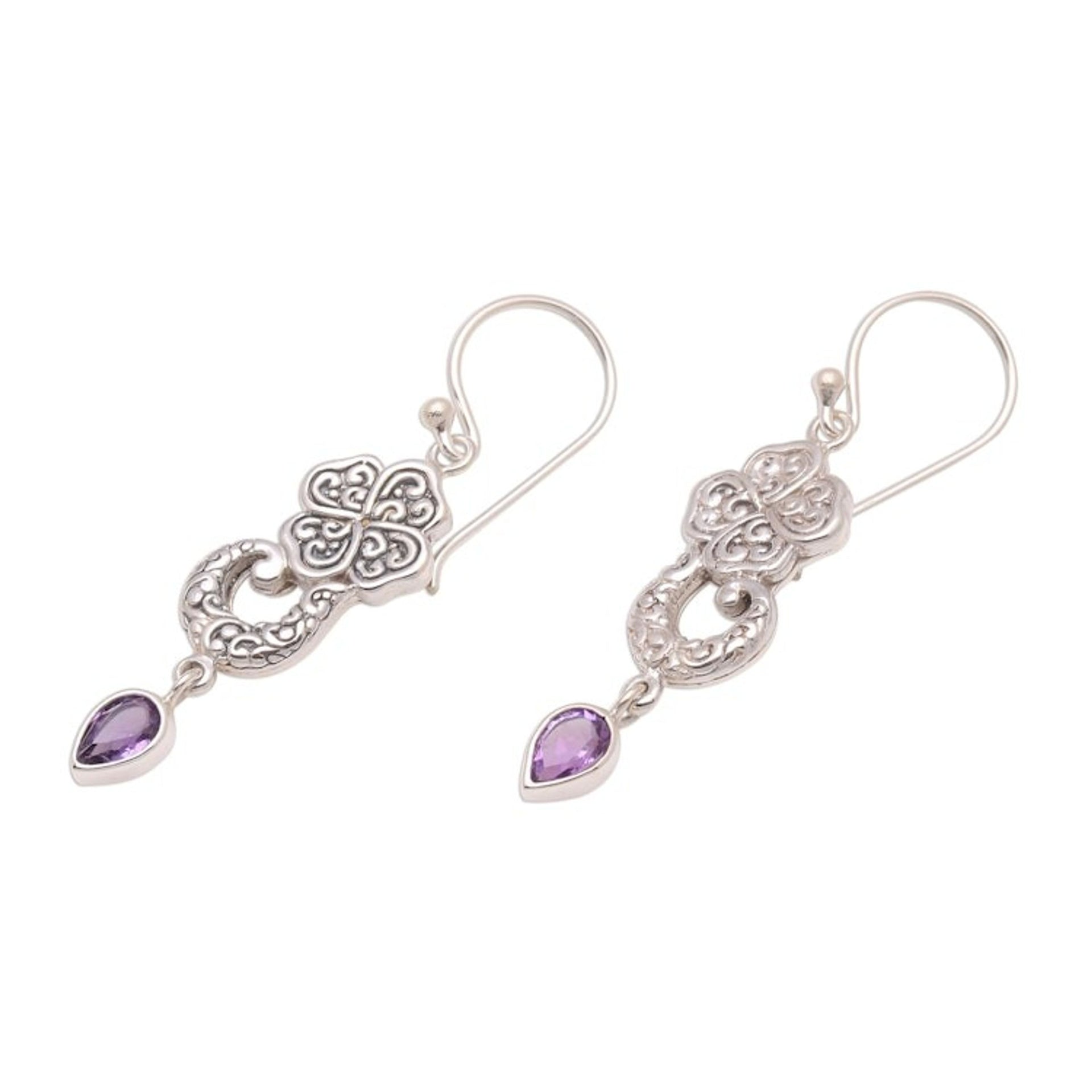 Floral Amethyst Teardrop Dangle Earrings from Bali 'Waterfall Dew'