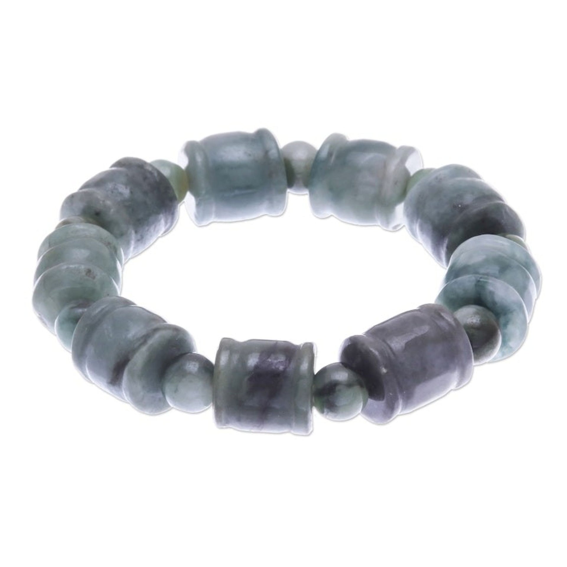 Round and Barrel Shaped Jade Bead Stretch Bracelet 'Barrels and Beads'