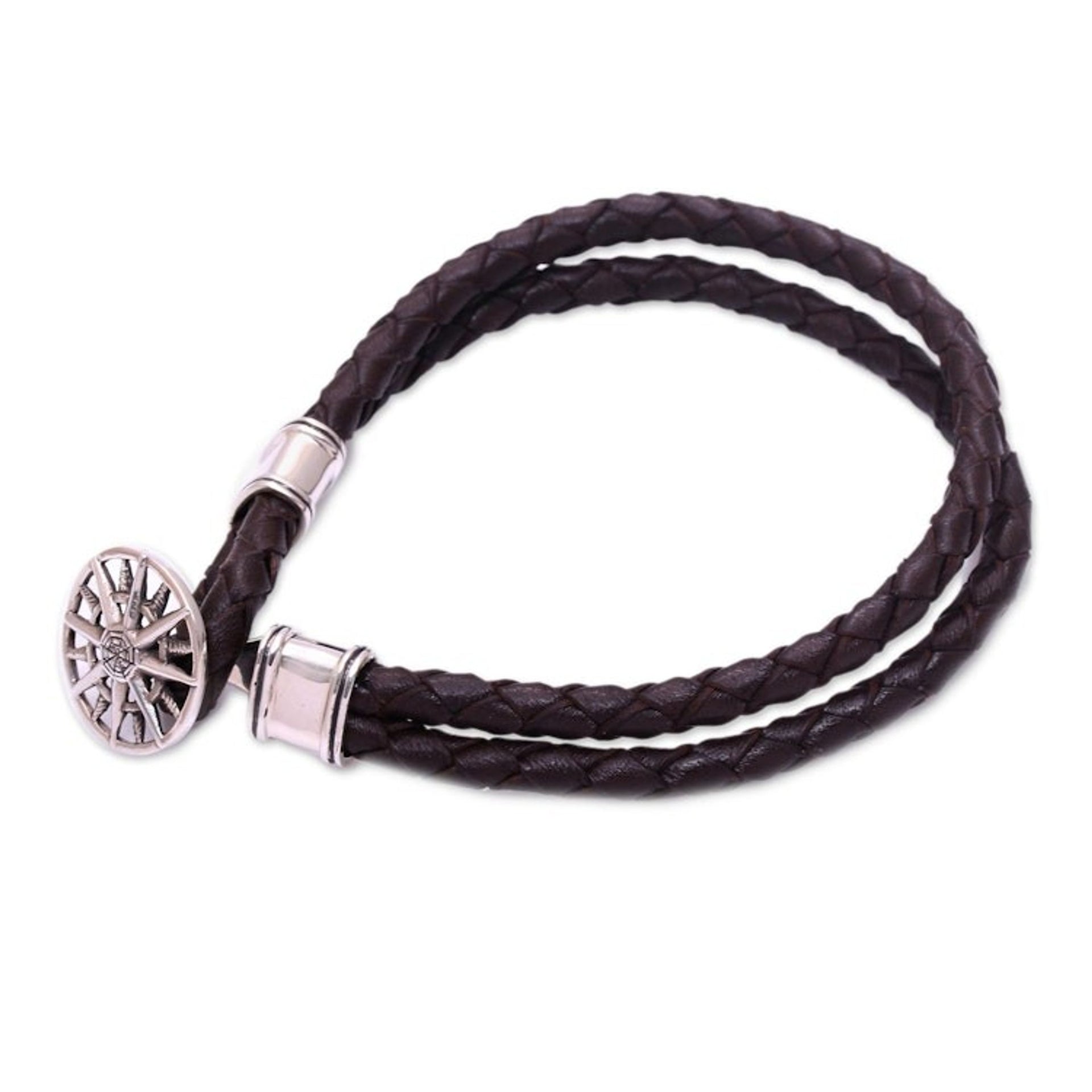 Leather Braided Cord Bracelet with a Sterling Silver Compass 'True North'