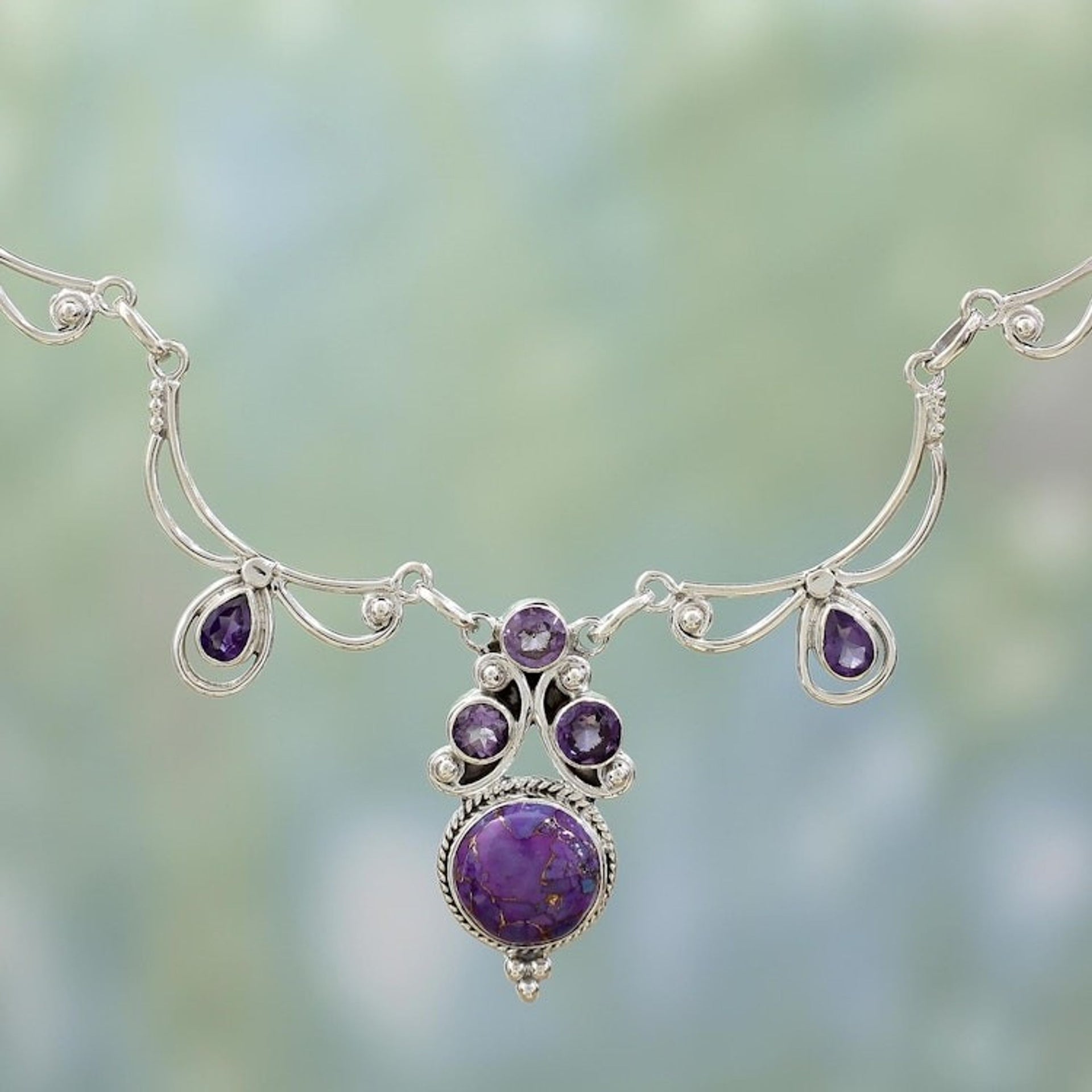Hand Made Amethyst Turquoise Pendant Necklace from India 'Radiant Princess in Purple'