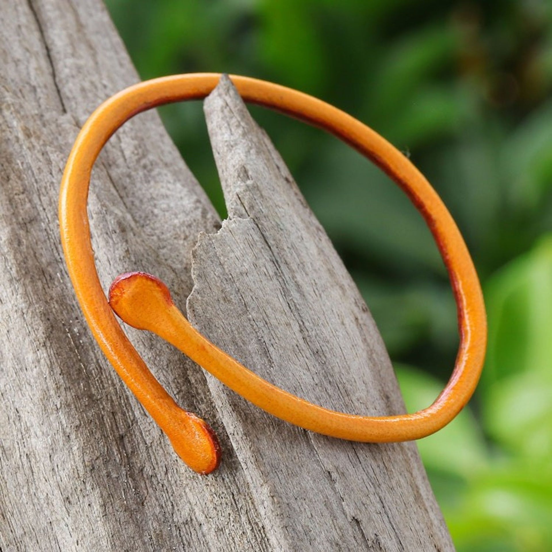 Thai Handmade Unisex Dyed Leather Cuff Bracelet in Orange 'Young Bud in Orange'