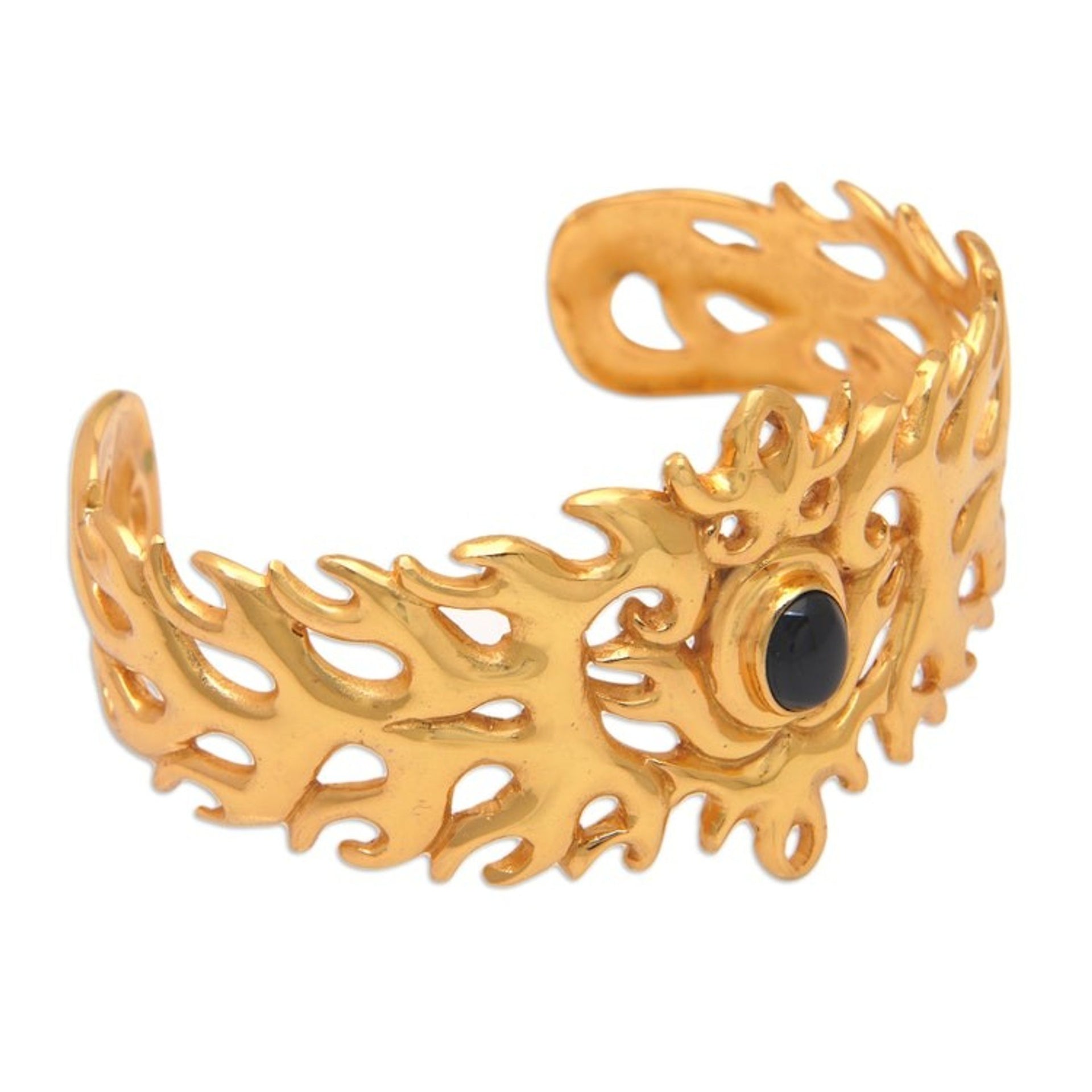 Traditional 22k Gold-Plated Cuff Bracelet with Onyx Cabochon 'Flaming Mysticism'