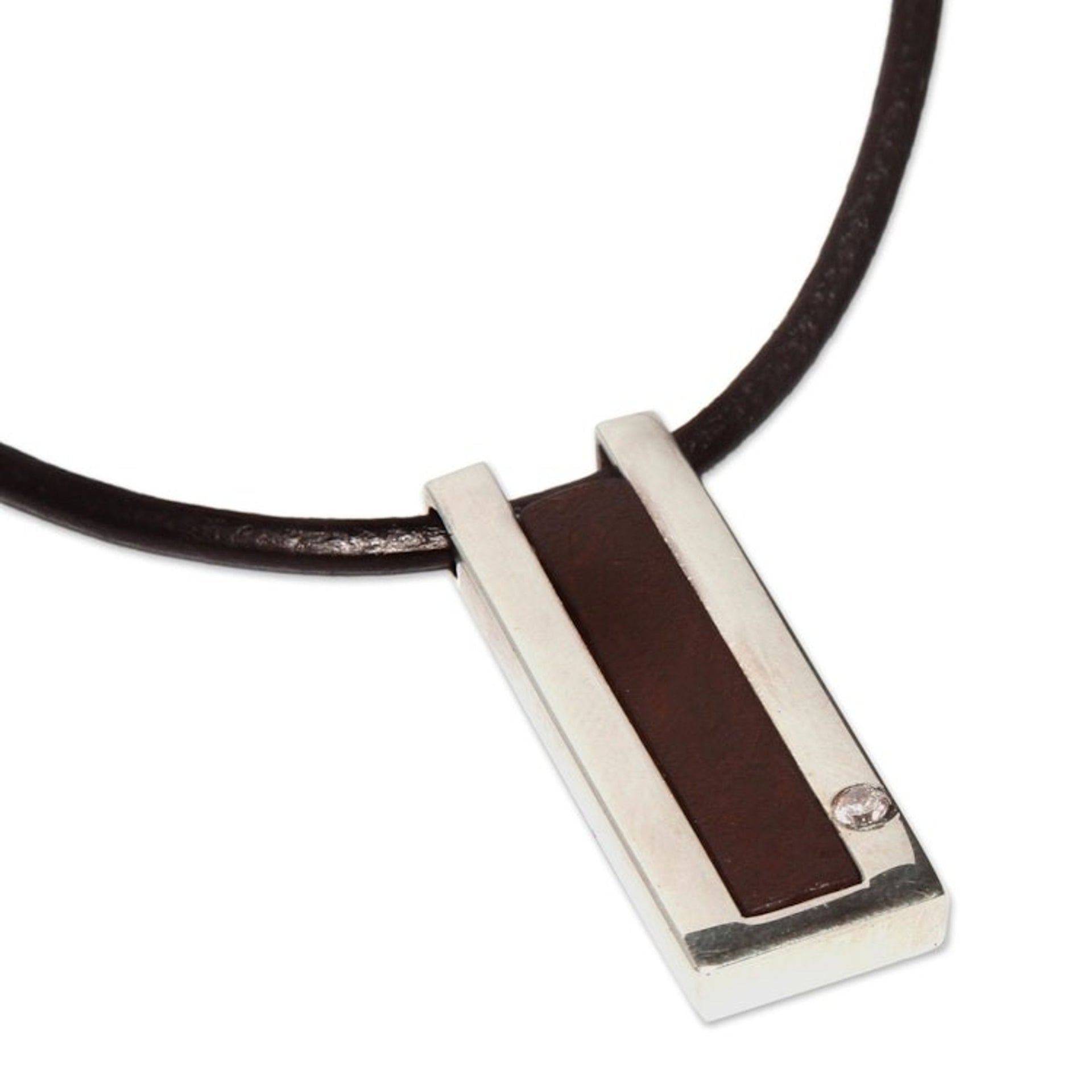 Modern Sterling Silver and Leather Pendant Necklace 'Brown Quechua Minimalist'