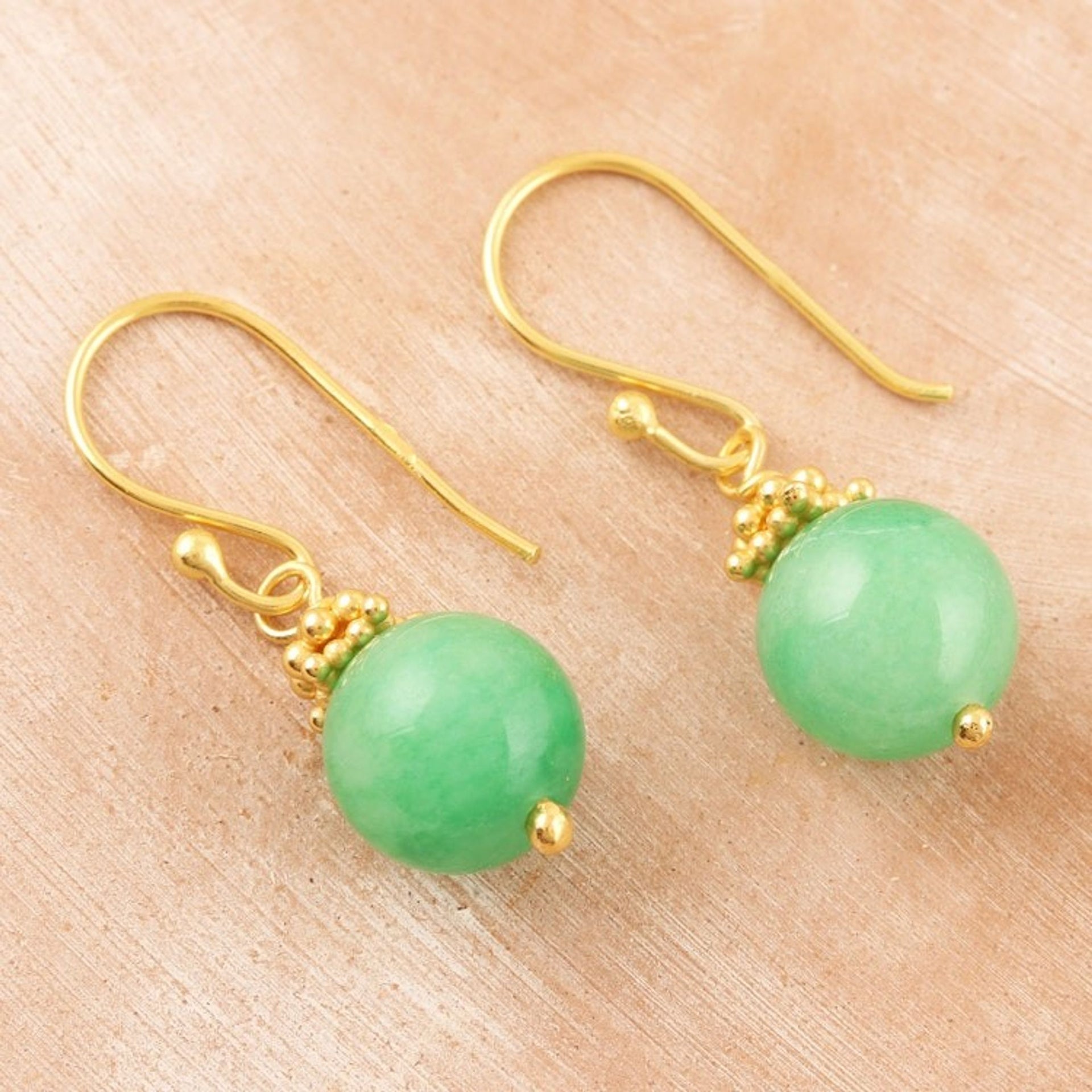 22k Gold-Plated Beaded Green Jade Dangle Earrings from India 'Green Orb'
