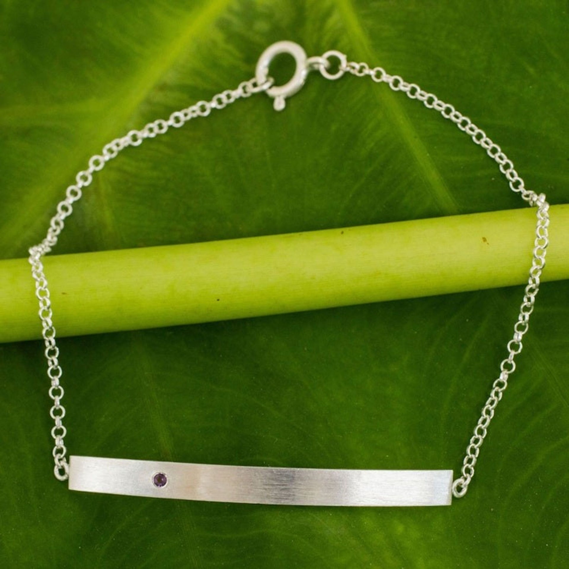 Artisan Crafted Sterling Silver and Amethyst Bar Bracelet 'Simply Love'