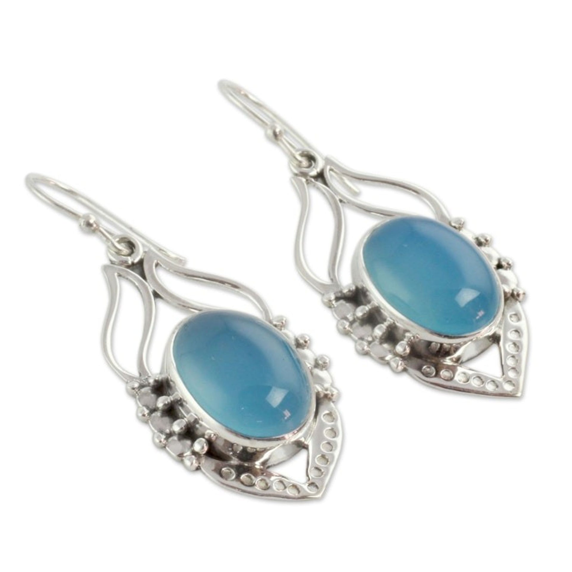 Blue Chalcedony Sterling Silver Earrings from India 'Passion Leaf'