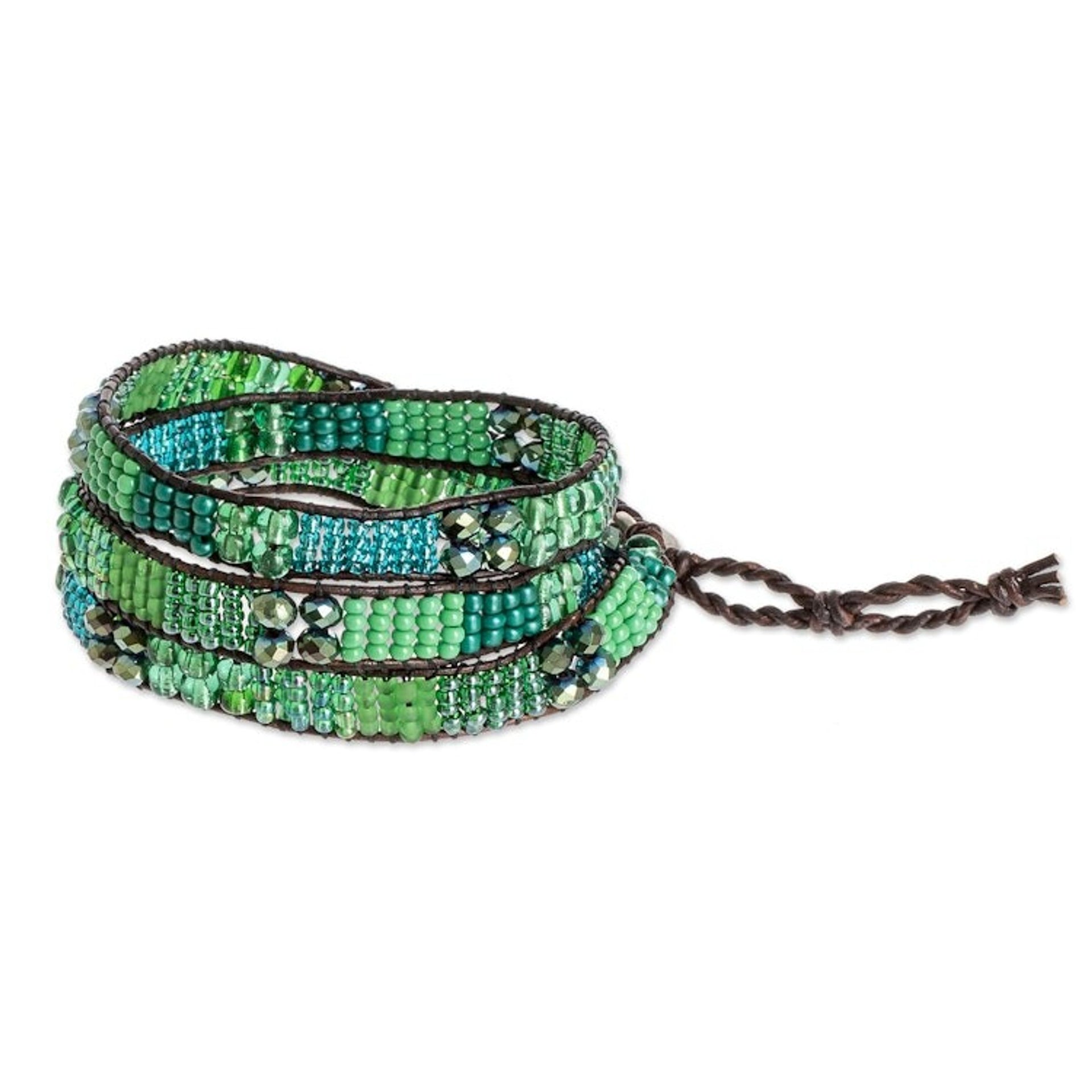 Glass Bead and Leather Wrap Bracelet in Green and Blue 'Budding Spring'