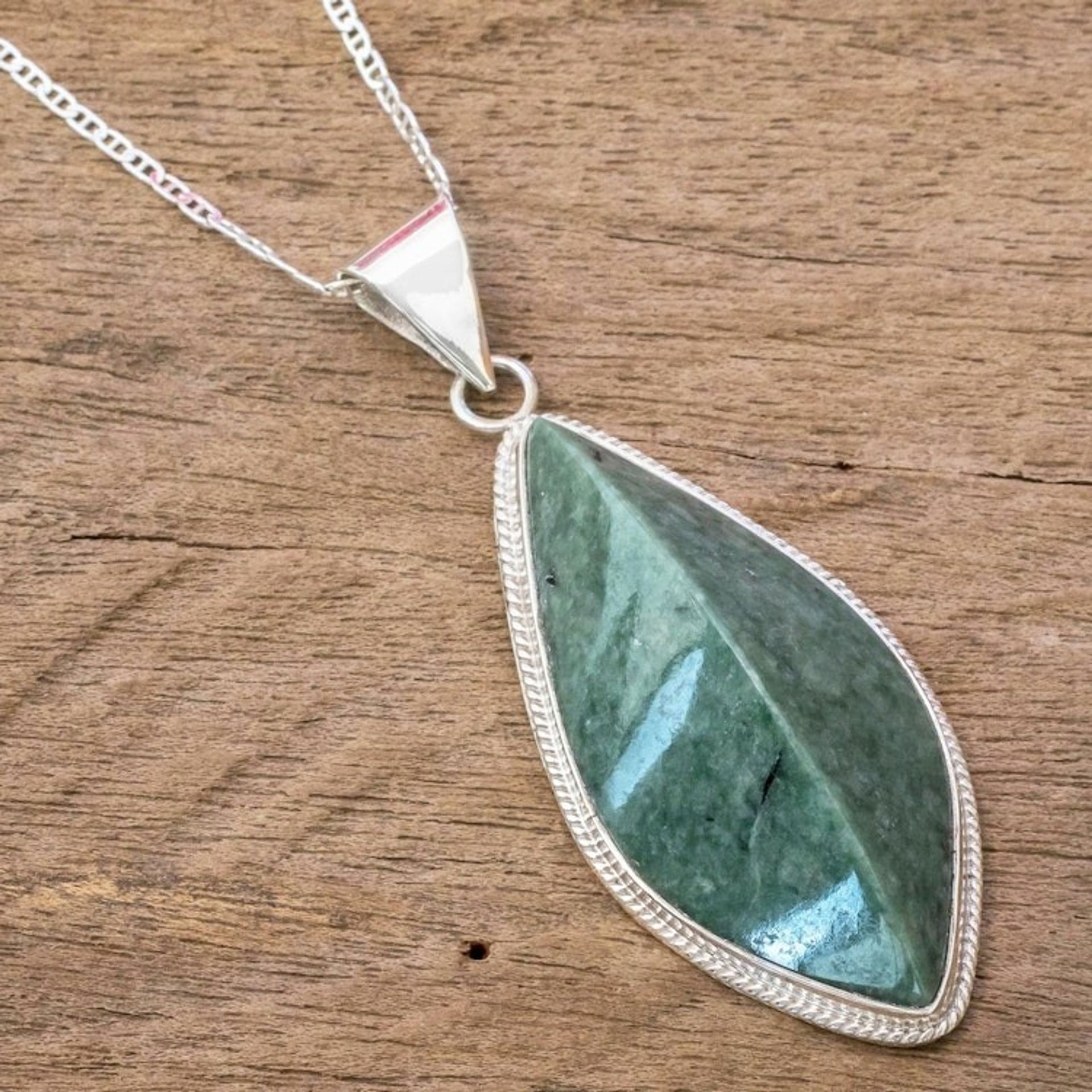 Green Jade and Sterling Silver Pendant Necklace 'Refined Ridge'
