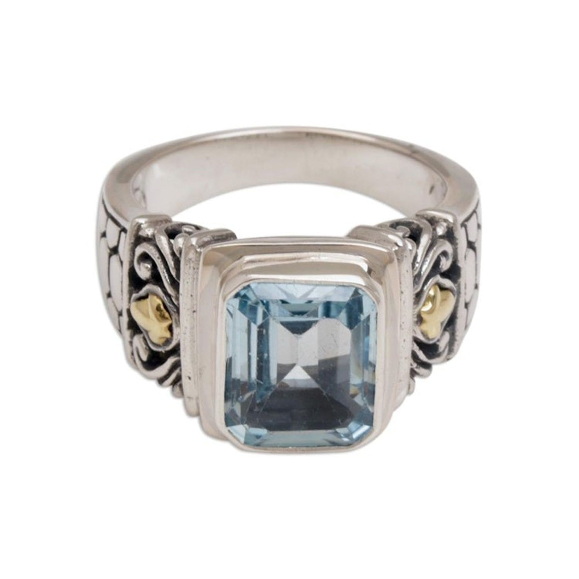 Handmade Blue Topaz Single Stone Ring with Gold Accents 'Blue Extravaganza'