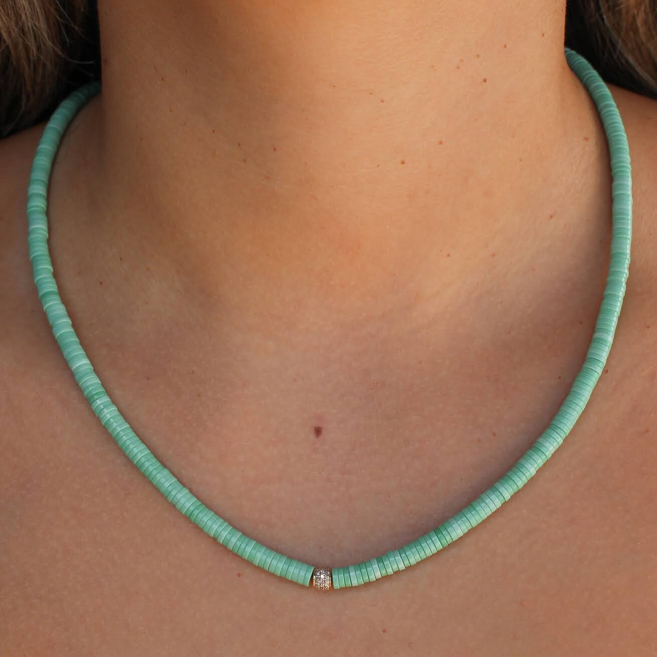 Gold Diamond Mint Green Heishi Beaded Necklace