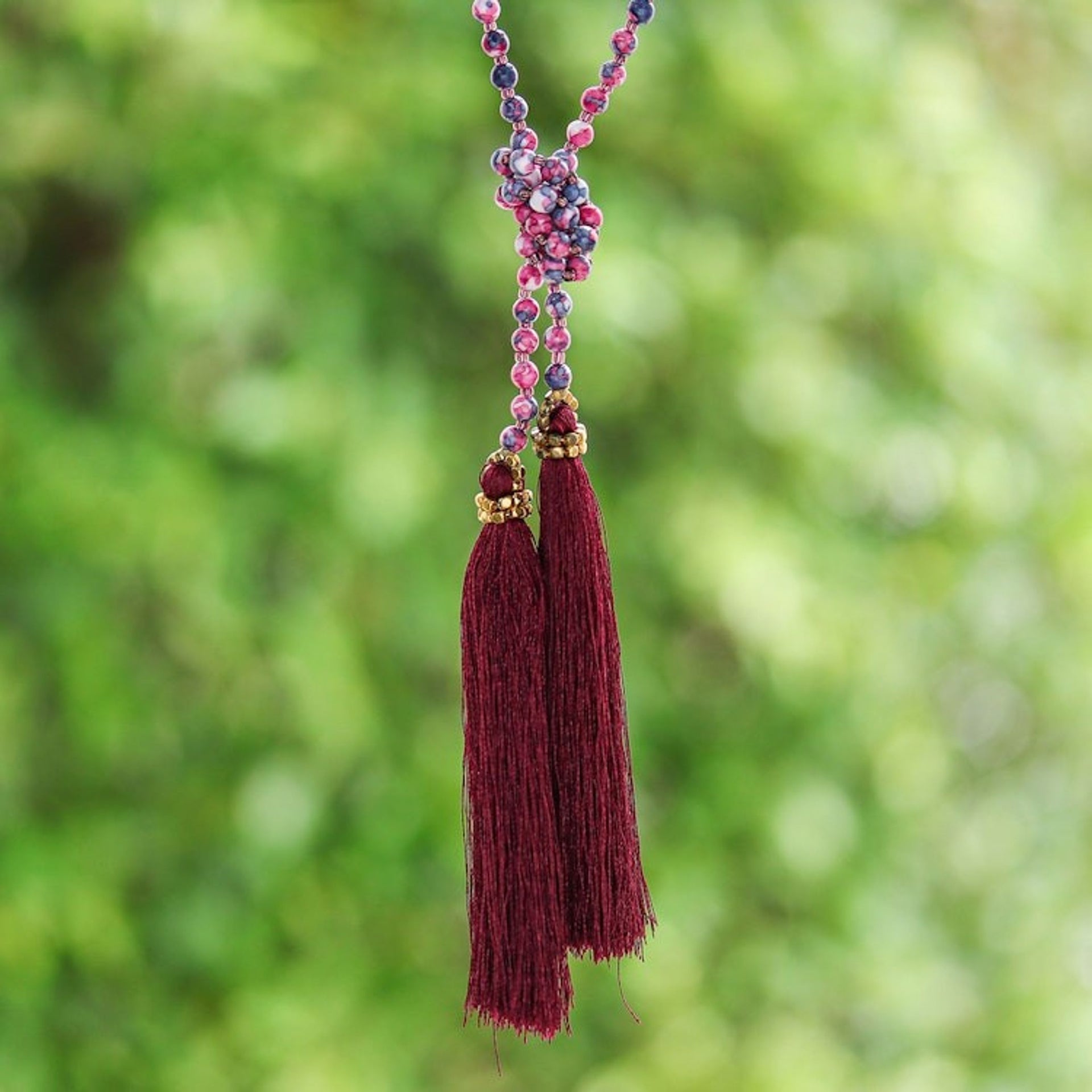 Agate Beaded Lariat Necklace in Dark Red from Thailand 'Festive Holiday in Dark Red'