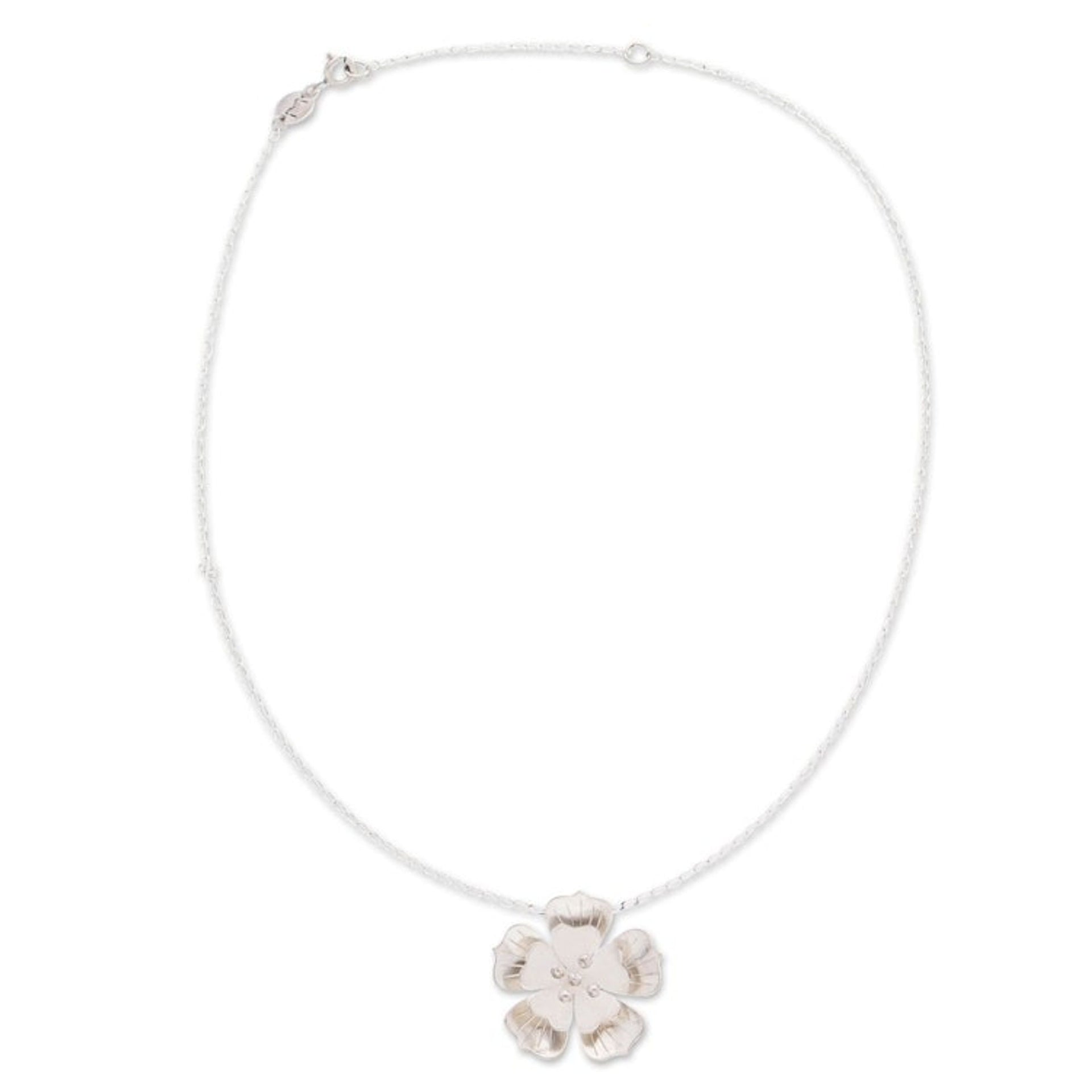 Matte and Polished 925 Silver Peach Blossom Pendant Necklace 'Peach Blossom Beauty'