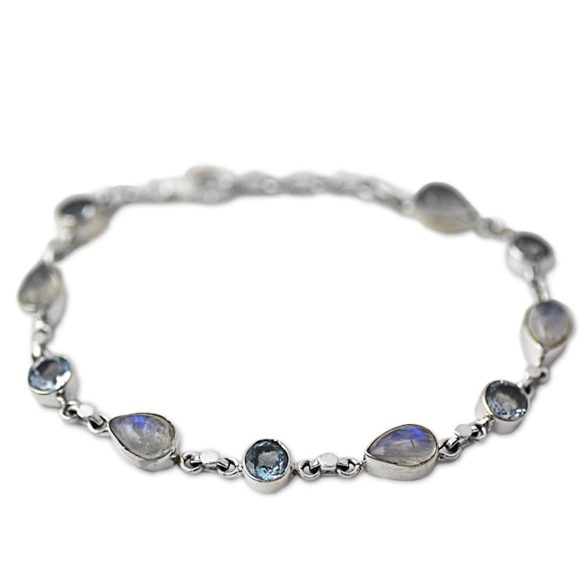 Blue Topaz and Rainbow Moonstone Gemstone Station Bracelet 'Misty Sky'