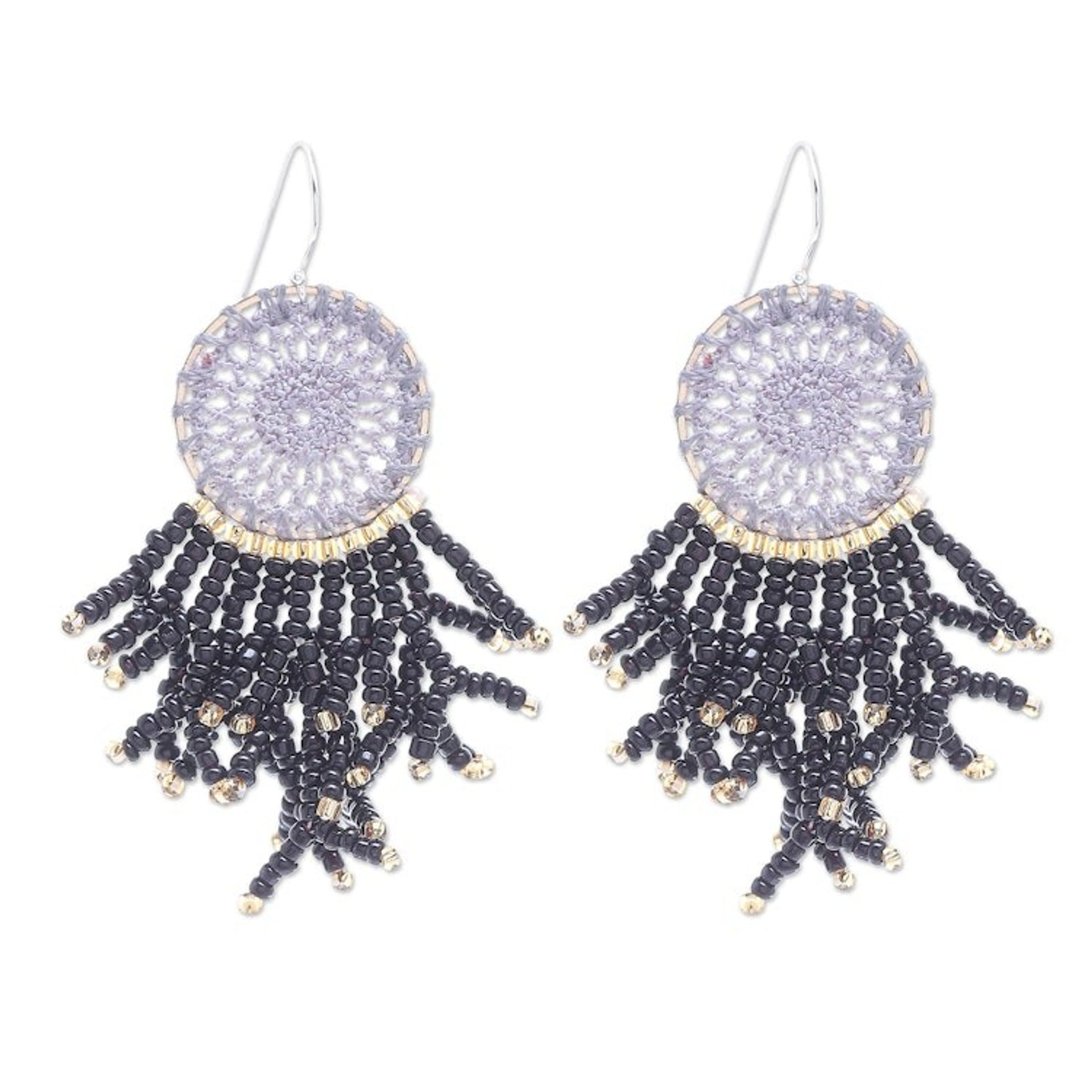 Crocheted Dreamcatcher Earrings with Black Glass Beads 'Dreaming Tree in Black'