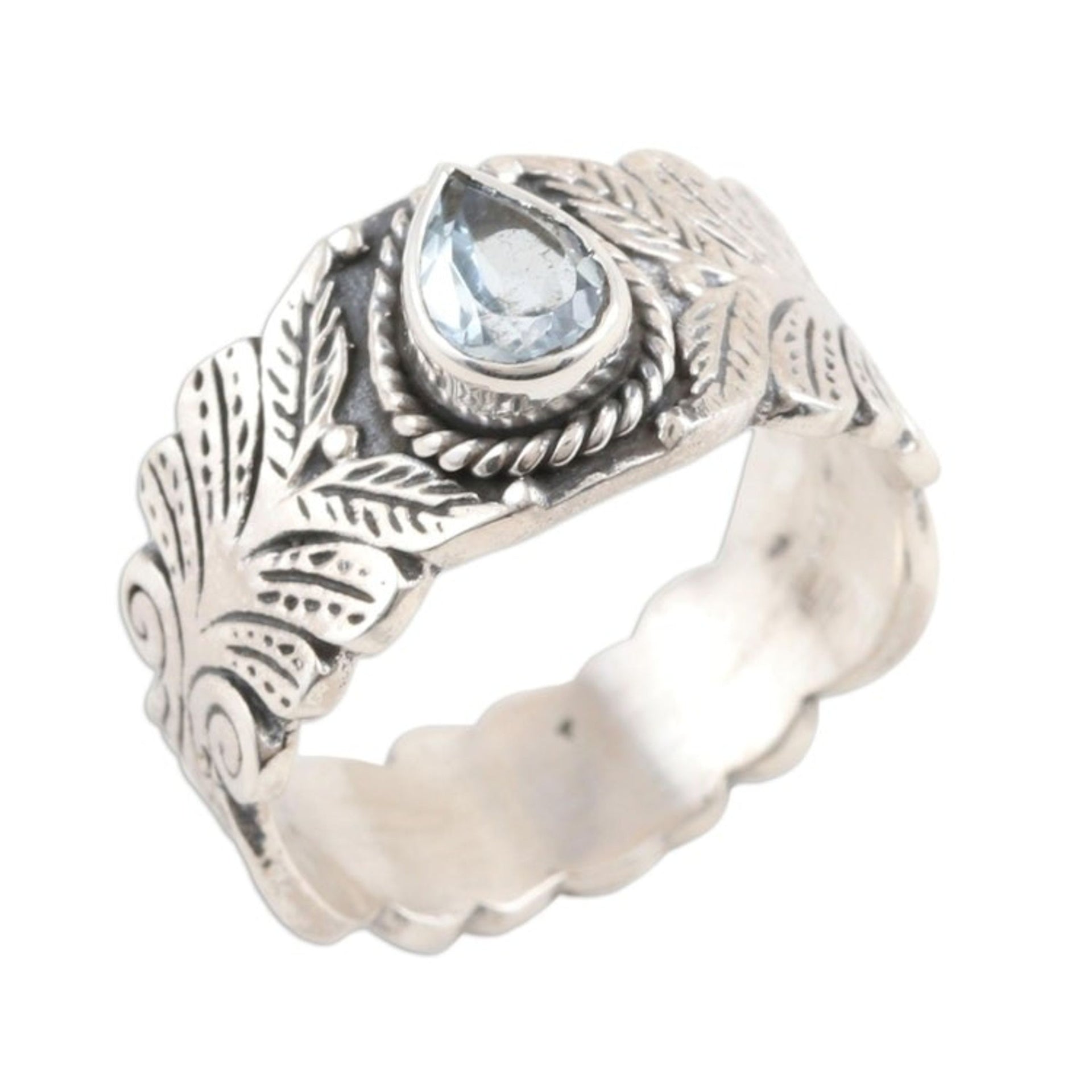 Artisan Crafted Blue Topaz and Sterling Silver Band Ring 'Iridescent Drop'