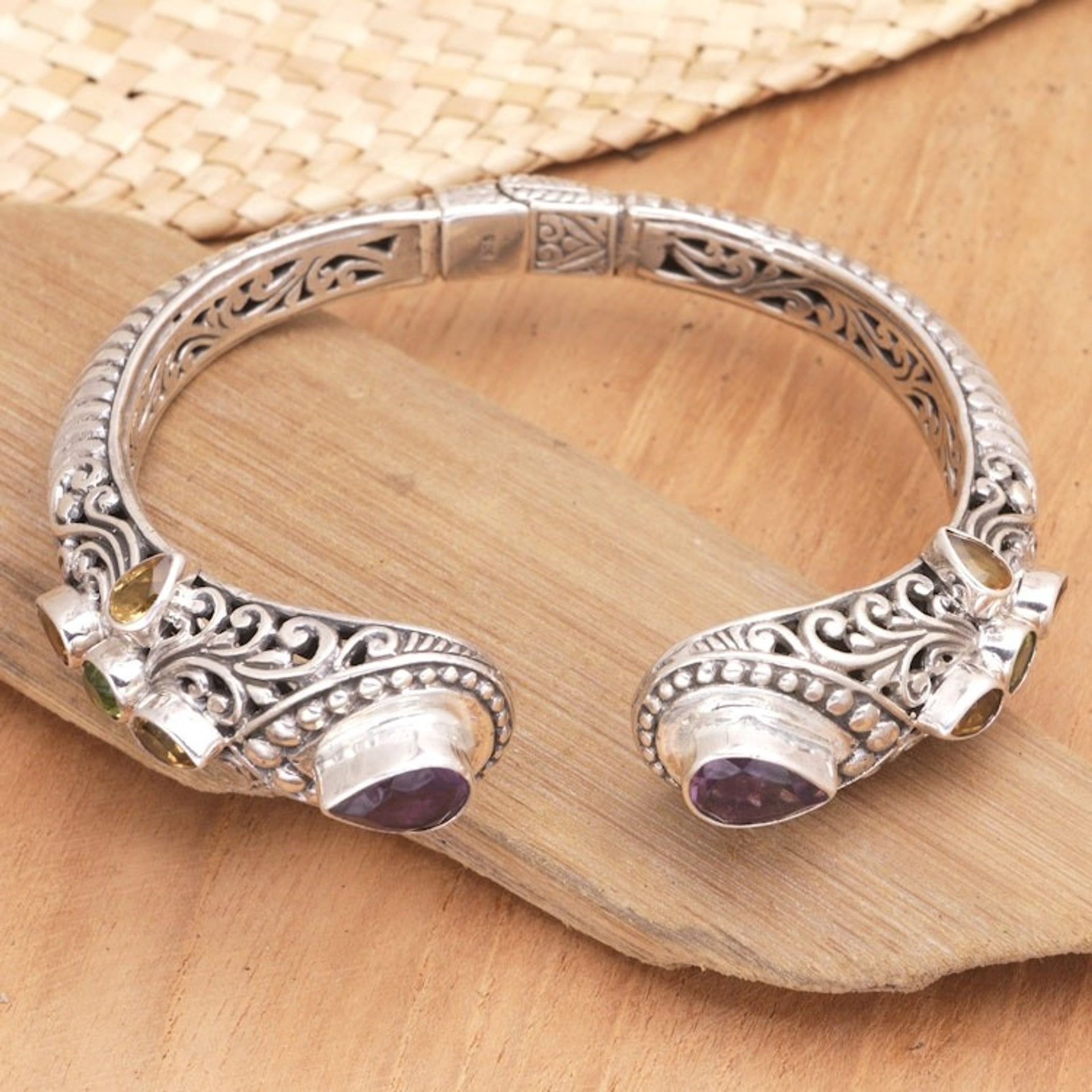 Balinese Multi-Gemstone Sterling Silver Cuff Bracelet 'Shining Woman'