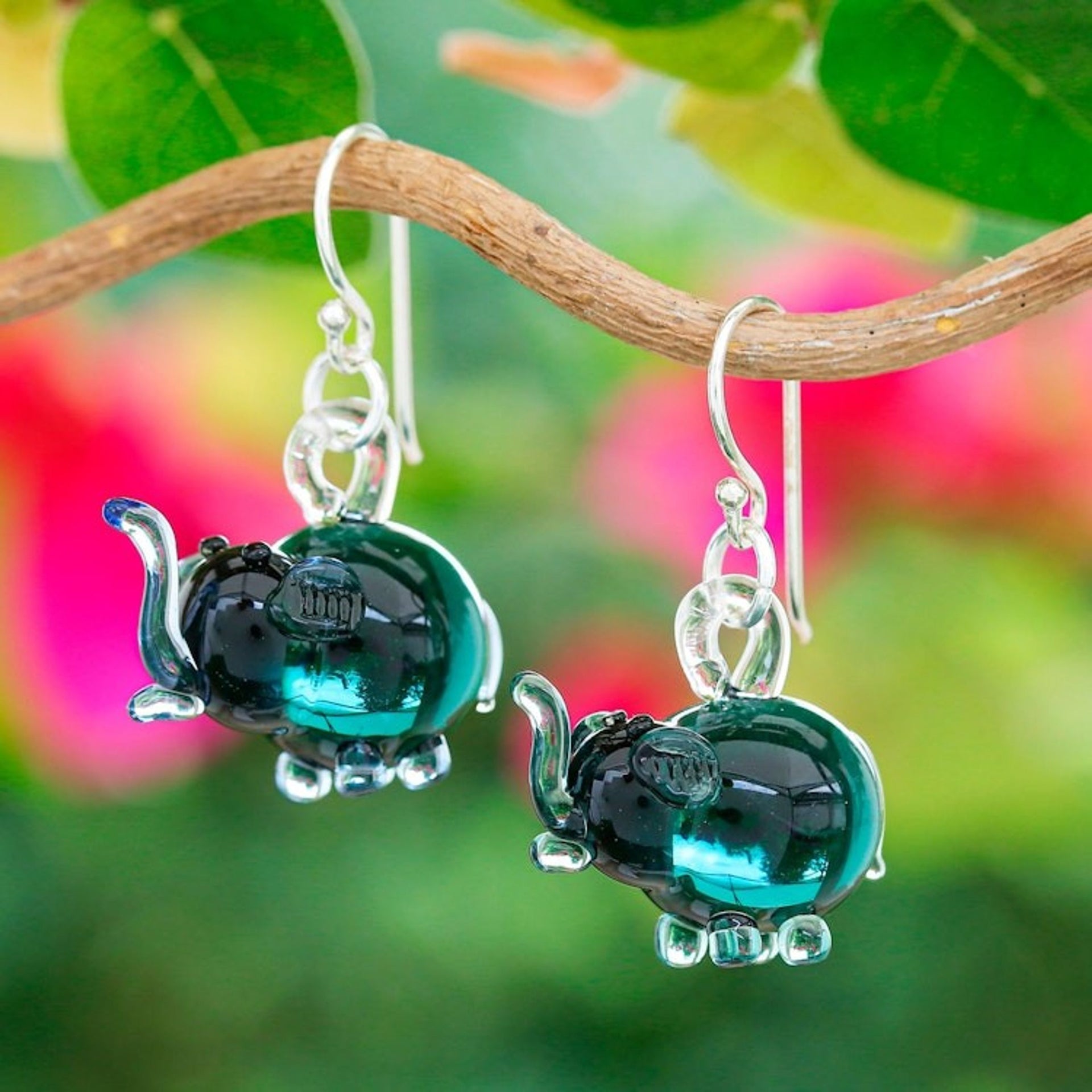 Elephant-Shaped Handblown Glass Dangle Earrings in Teal 'Teal Elephant Glam'
