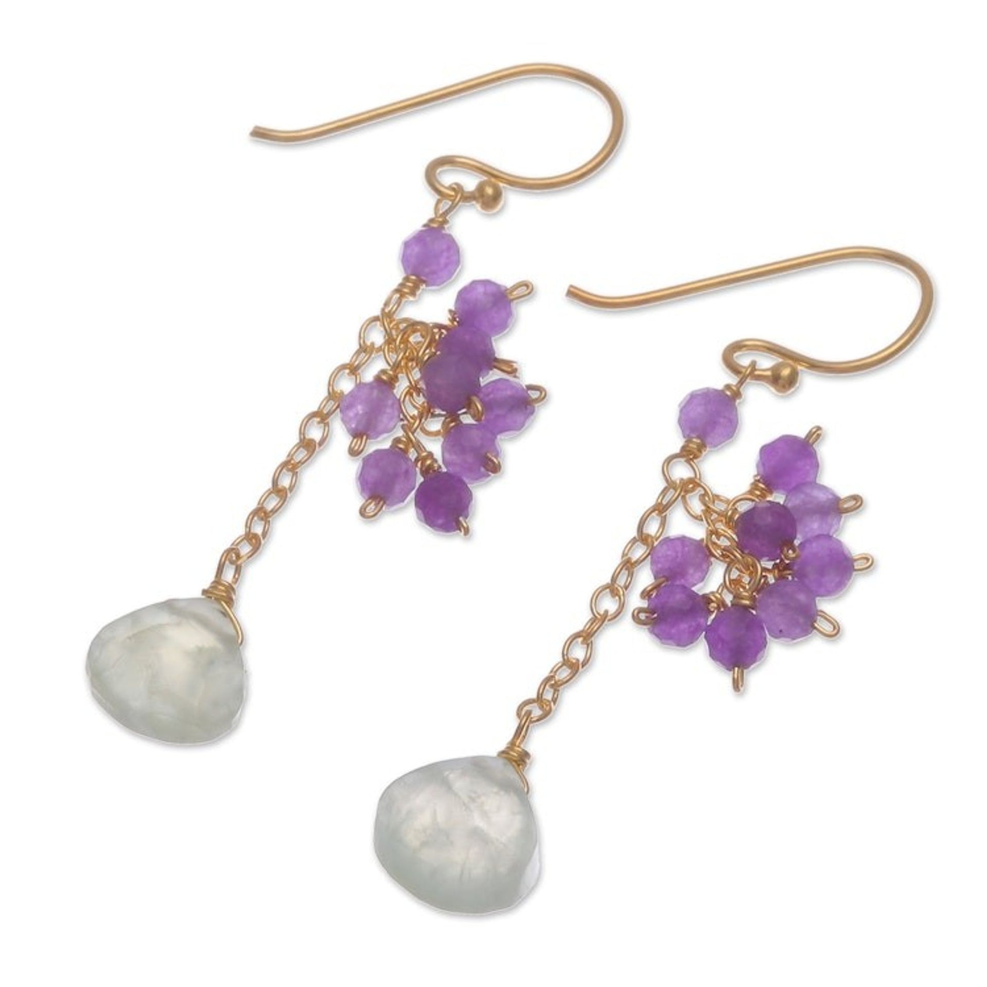 24k Gold-Plated Prehnite and Amethyst Dangle Earrings 'Wise Bliss'