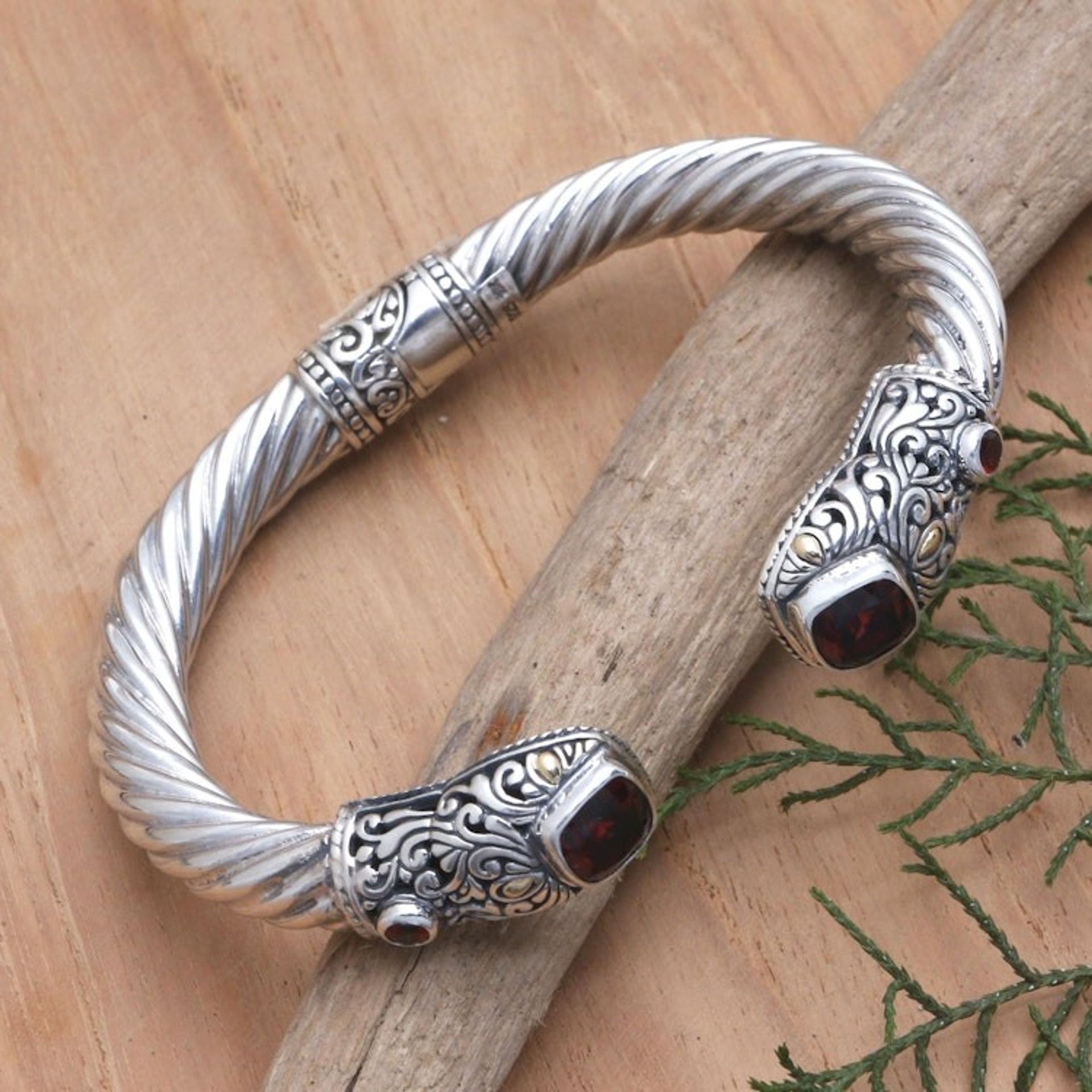 Hand Made Gold-Accented Garnet Cuff Bracelet 'Burning Desire'