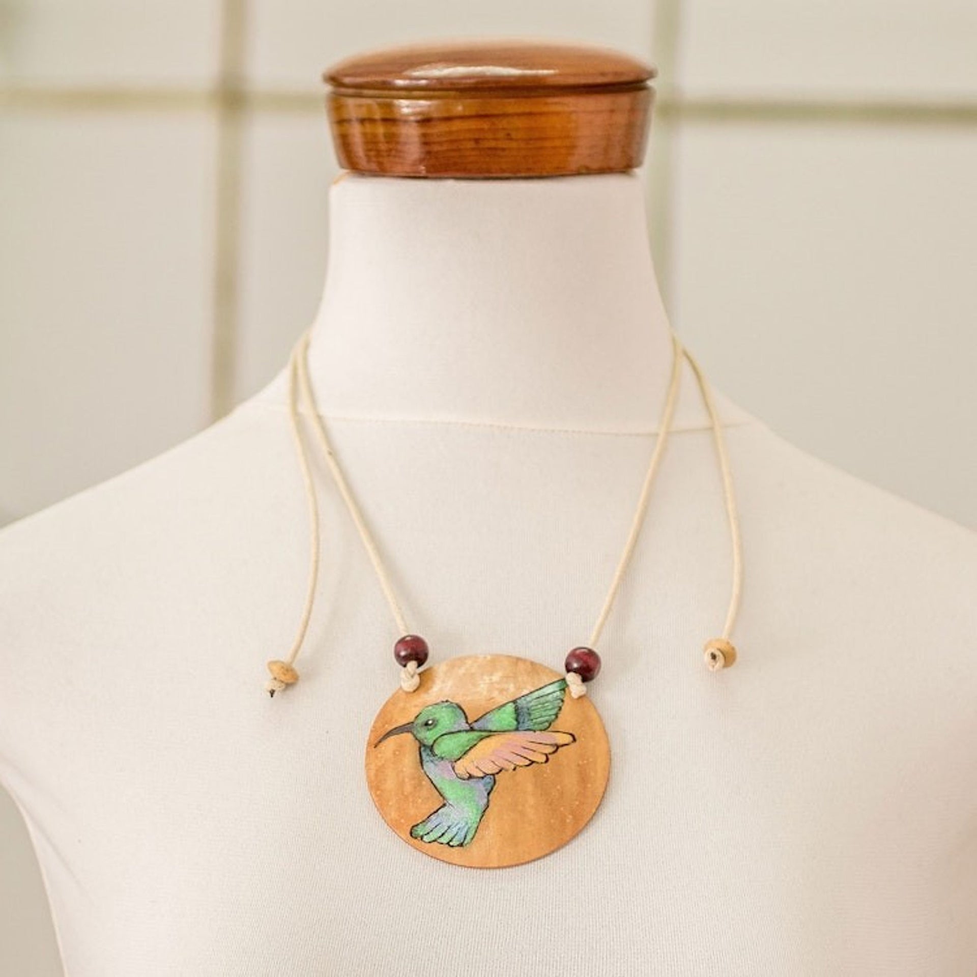 Hand-Painted Calabash Gourd Hummingbird Pendant Necklace 'Harmony Portrayal'