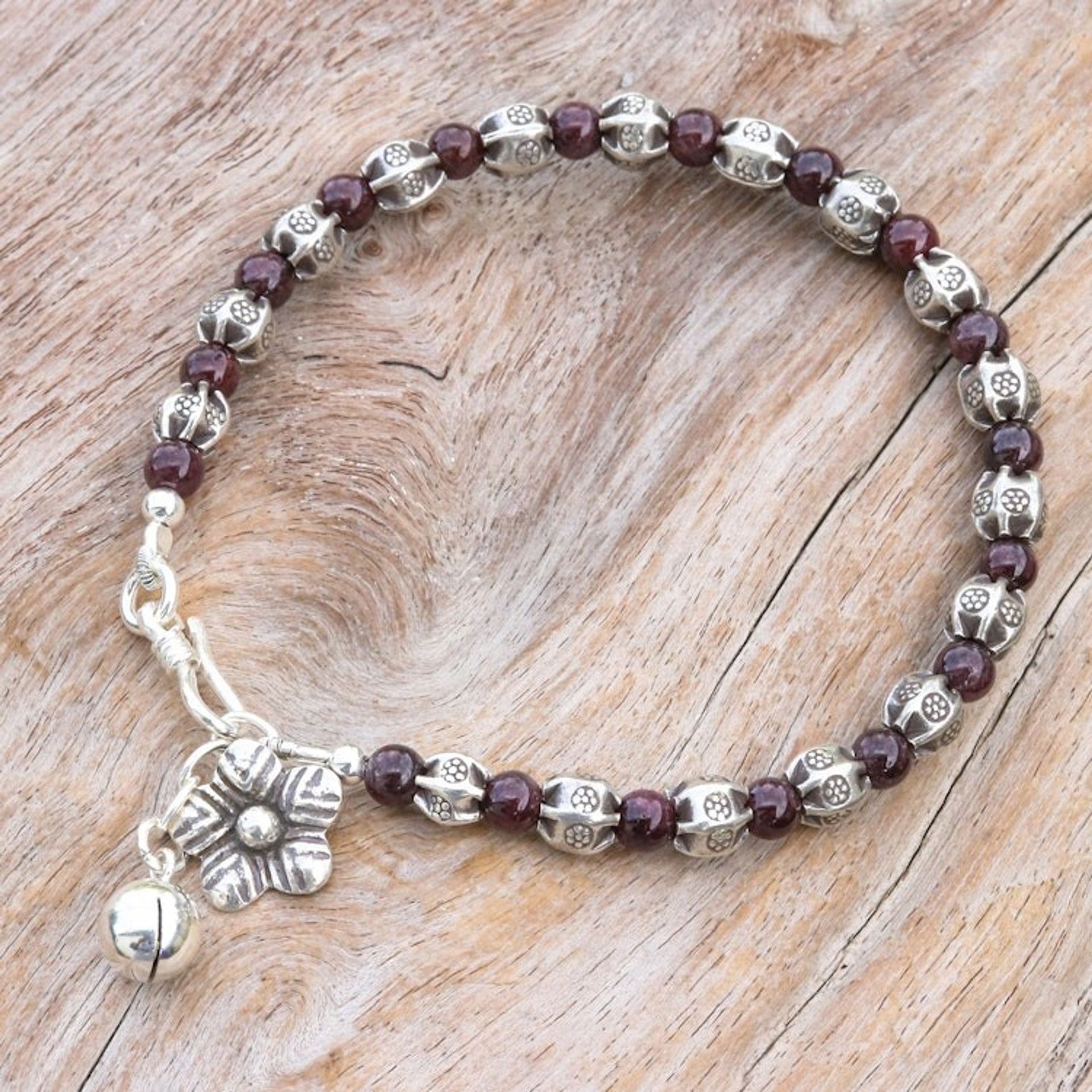 Garnet and Karen Silver Beaded Bracelet from Thailand 'Garnet Garden'