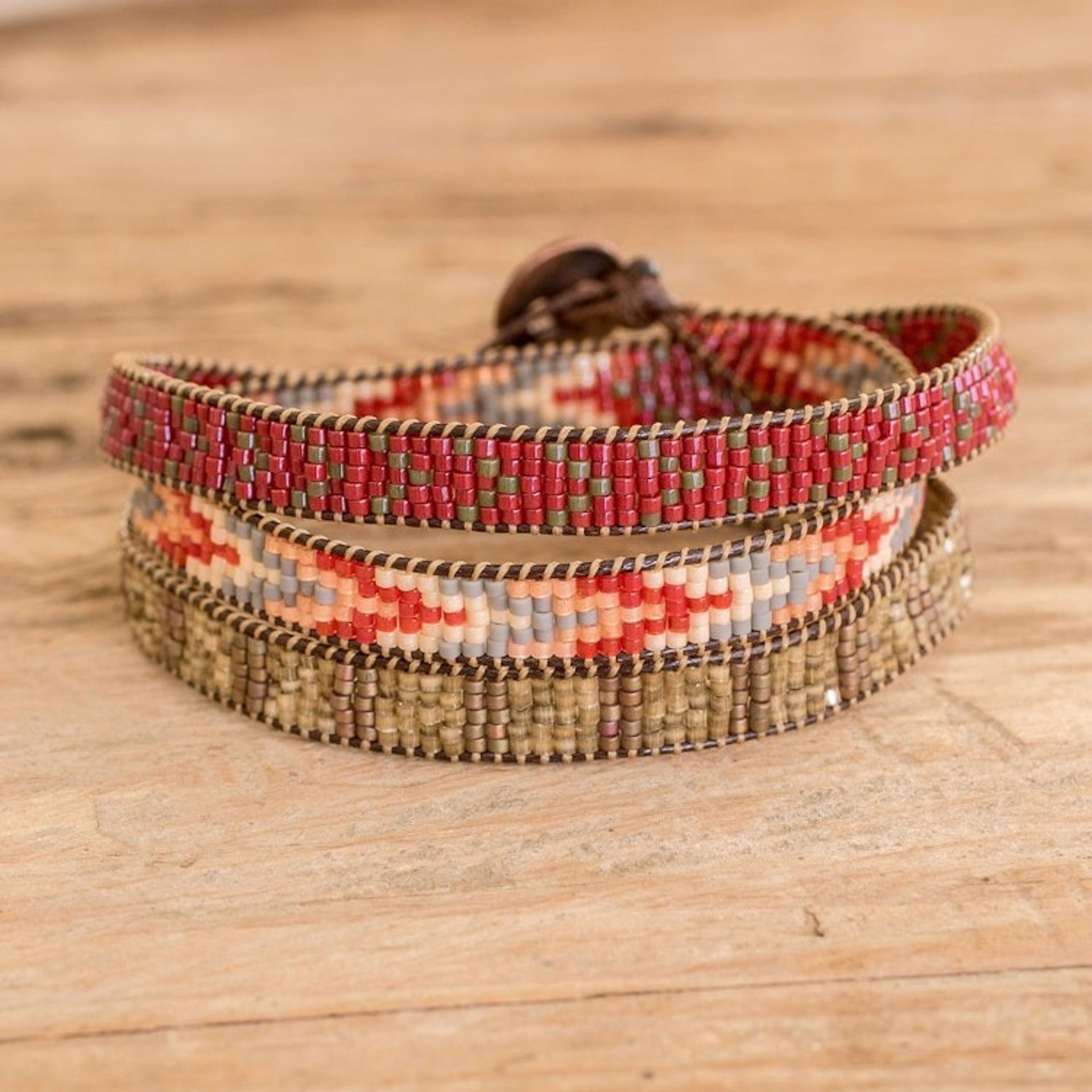 Handcrafted Glass Beaded Wrap Bracelet with Arrow Pattern 'Geometric Direction'